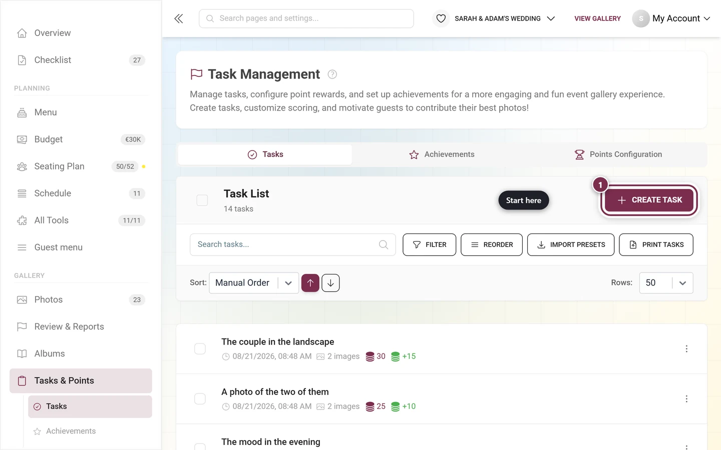 Task management with the Create Task button highlighted in red above the toolbar