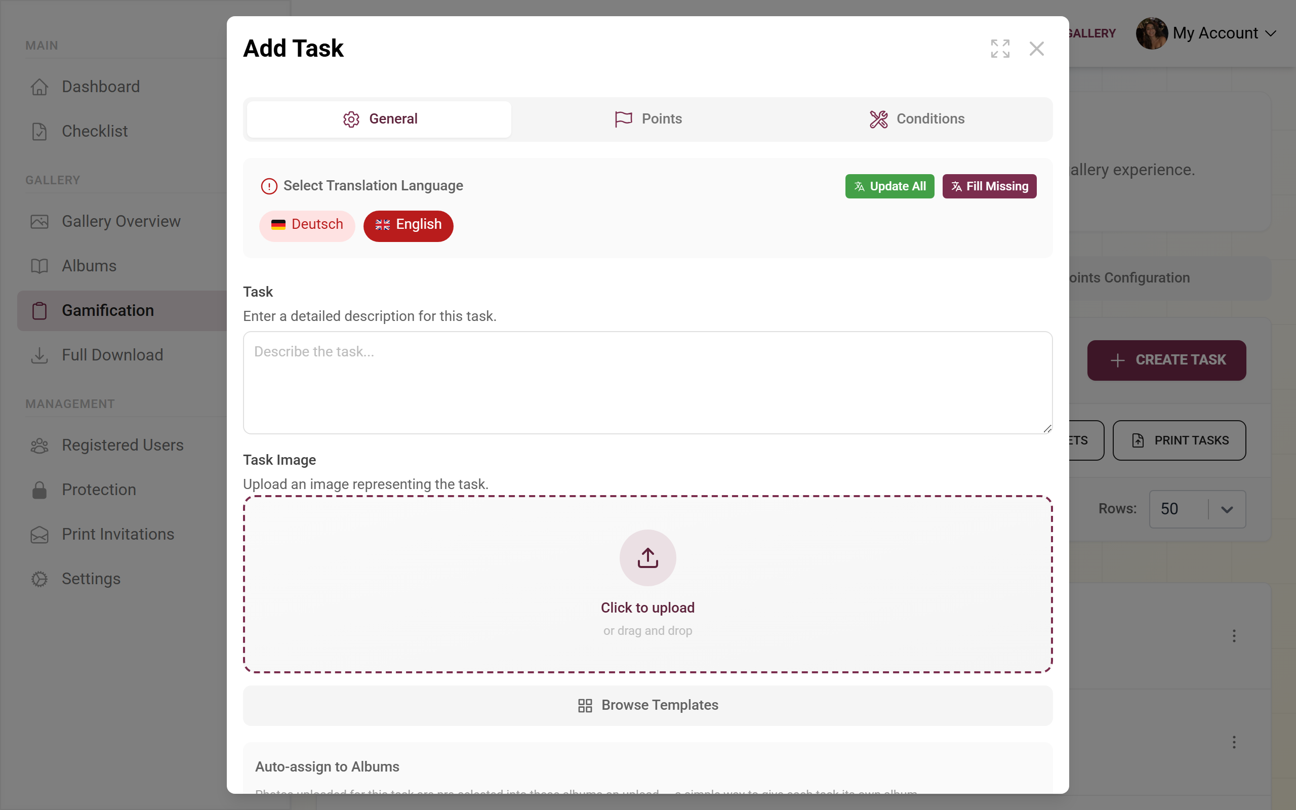 Task editor with fields for task, reference image, points and type