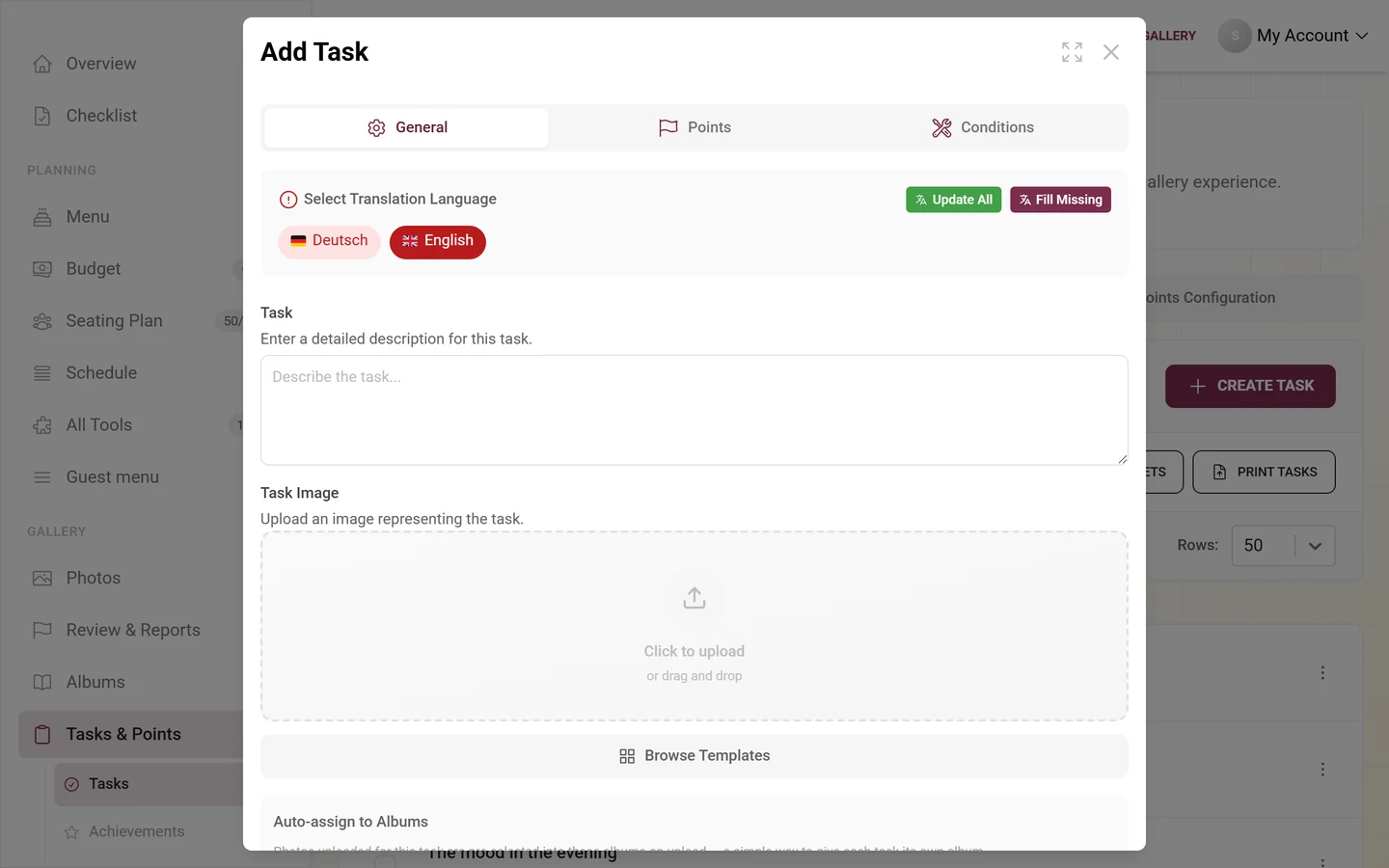 Task editor with fields for task, reference image, points and sorting
