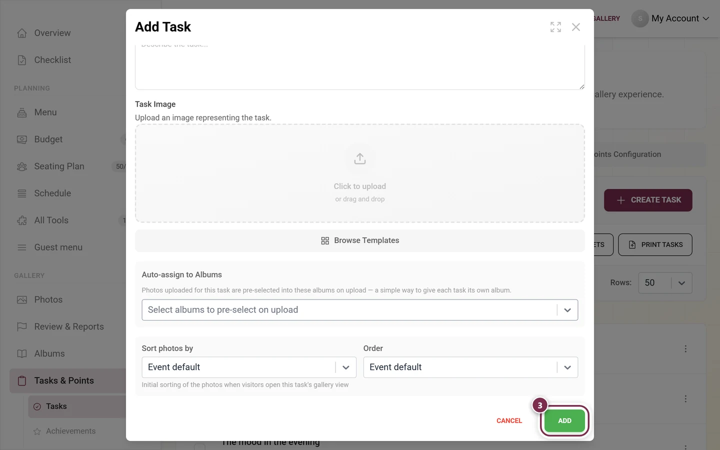 Bottom of the task editor with the Add button highlighted in red next to Cancel