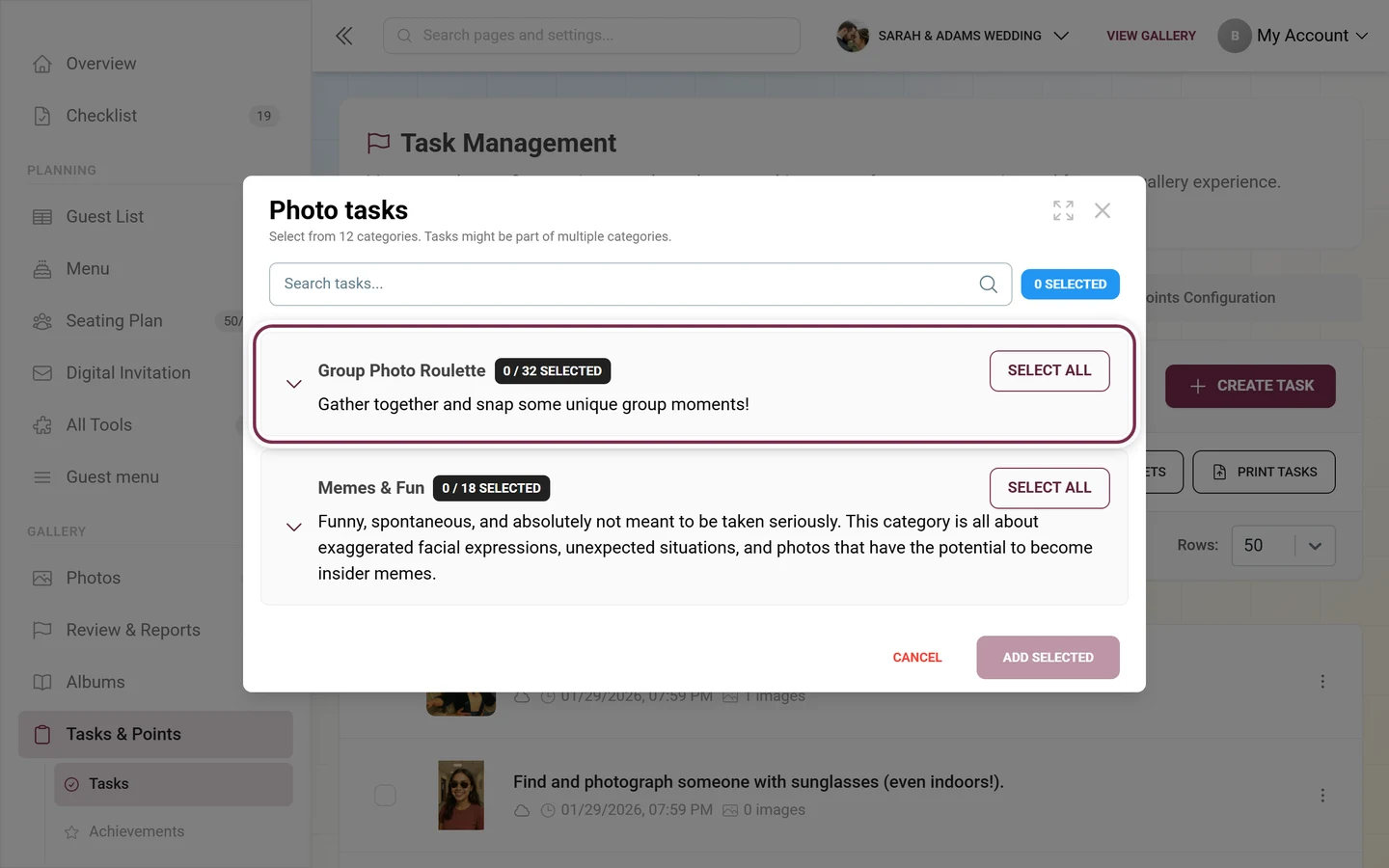 Photo tasks dialog with search field and the first category row highlighted in red