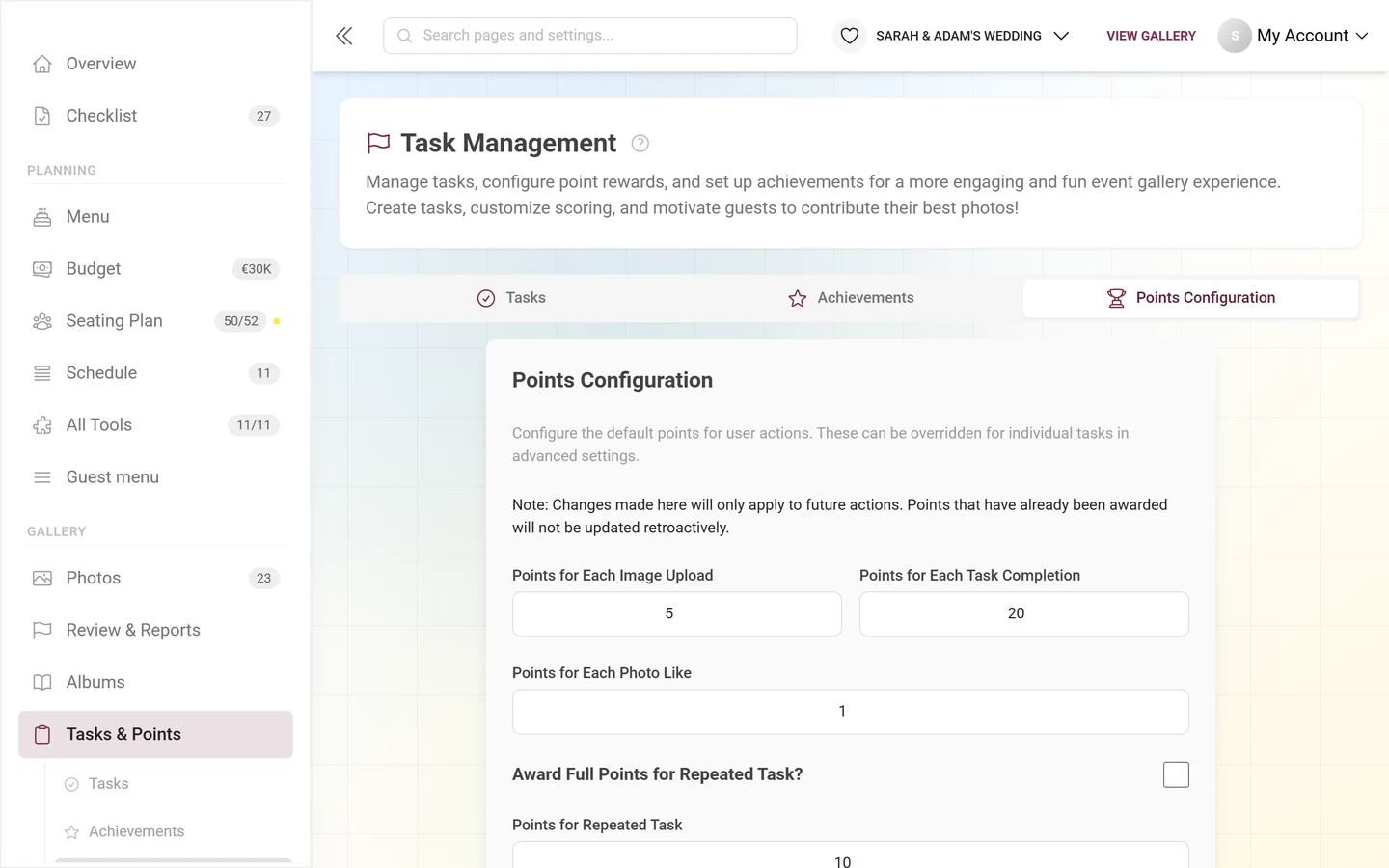 Points Configuration tab with the point values per action