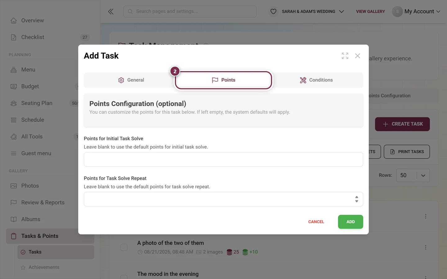 Task editor with the Points tab highlighted in red and the two point fields below it