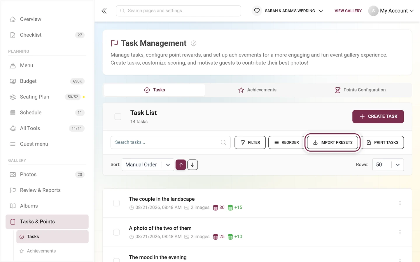 Toolbar of the task management with the Import Presets button highlighted in red