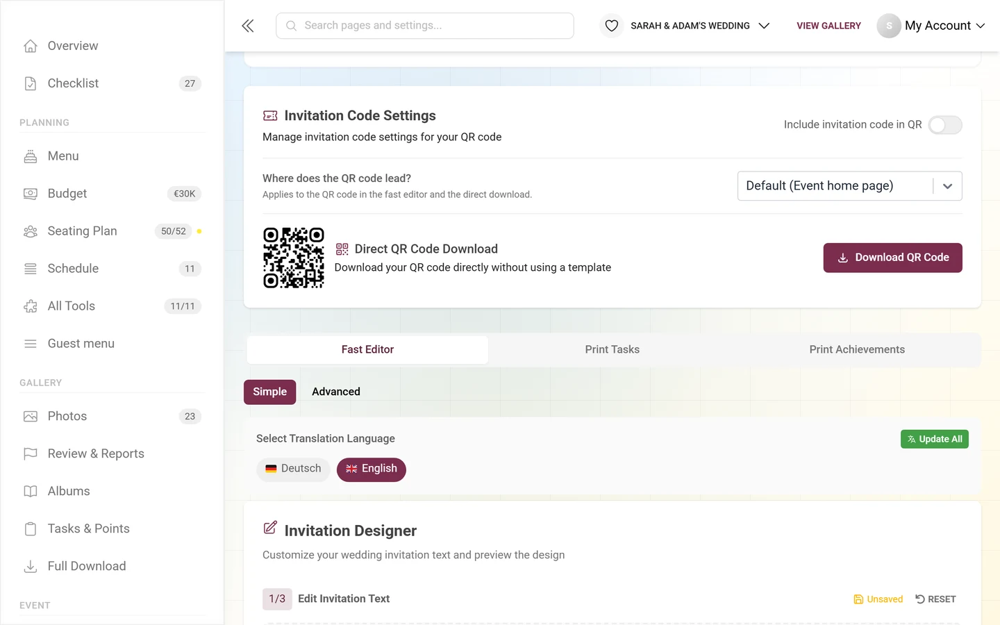 Invitation code settings card with its switch, QR target and direct download