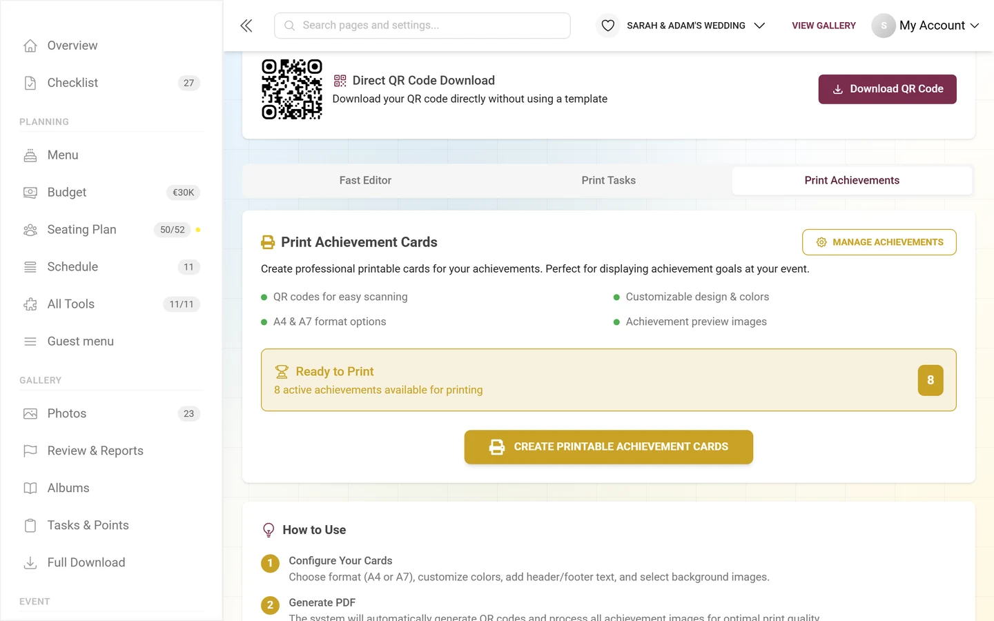 Print Achievements tab with the Print Achievement Cards card