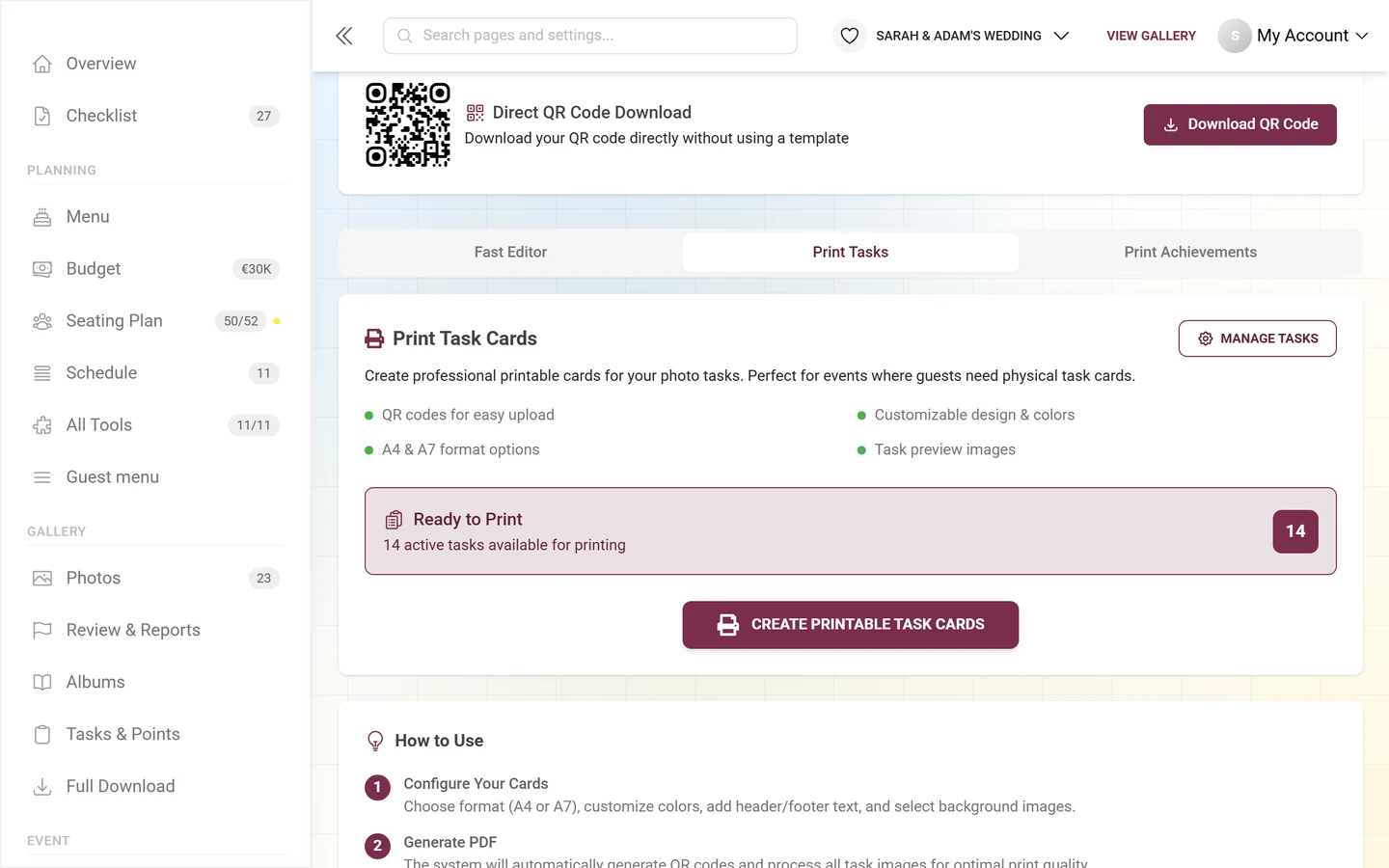 Print Tasks tab with the Print Task Cards card