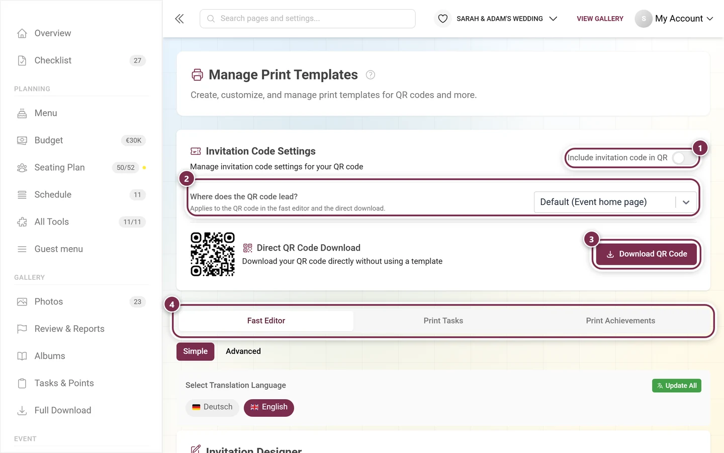 Print templates page with the invitation code toggle, QR target, download button and tabs highlighted