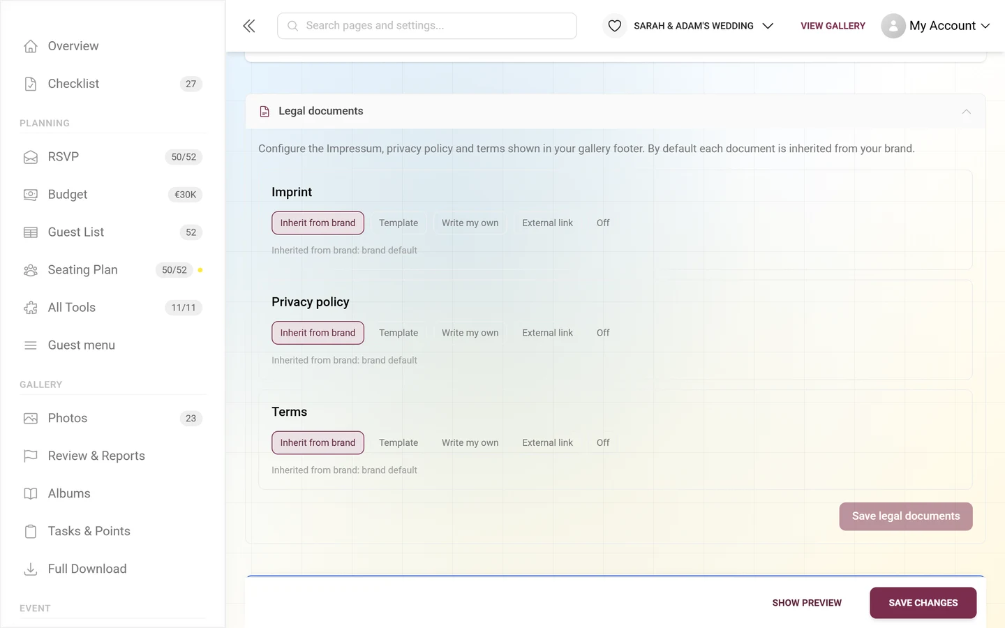 Imprint, privacy policy and terms in the white-label tab