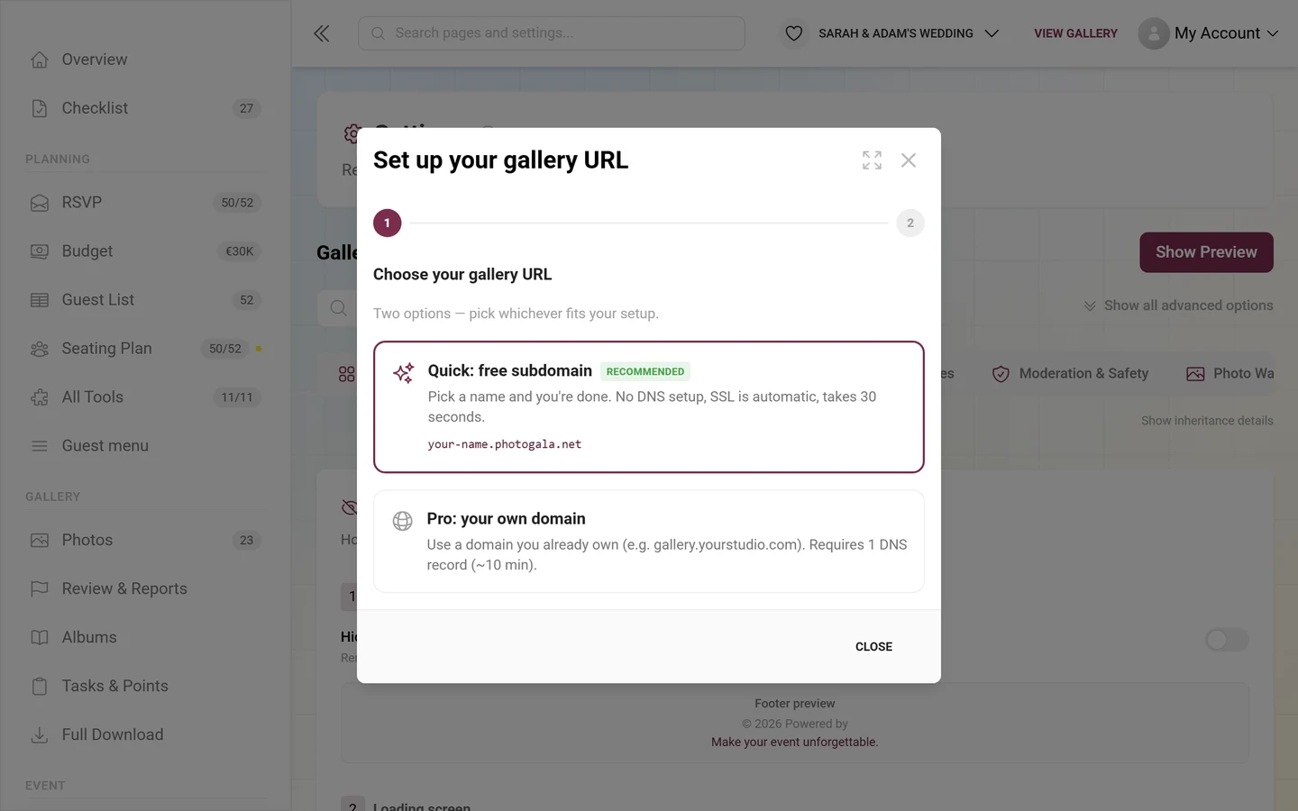 Wizard for setting up a custom gallery URL