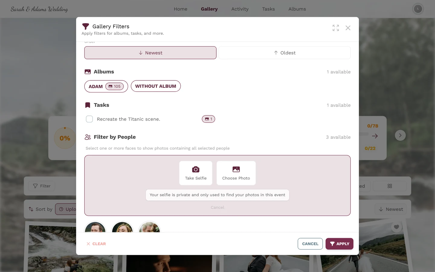 Find me source picker with the buttons Take Selfie and Choose Photo plus the privacy note