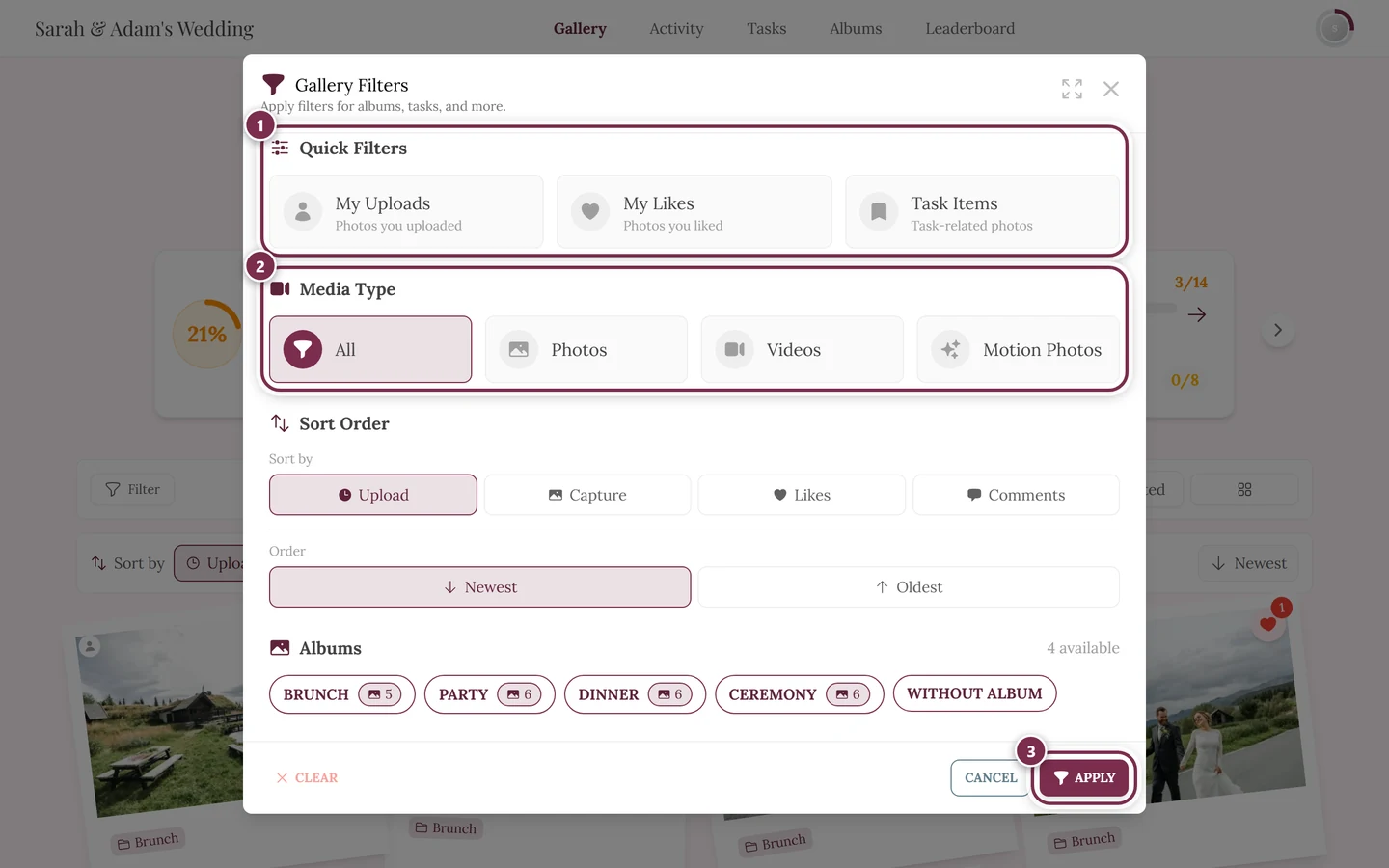 Filter panel with the sections Quick Filters, Media Type, Sort Order and Albums