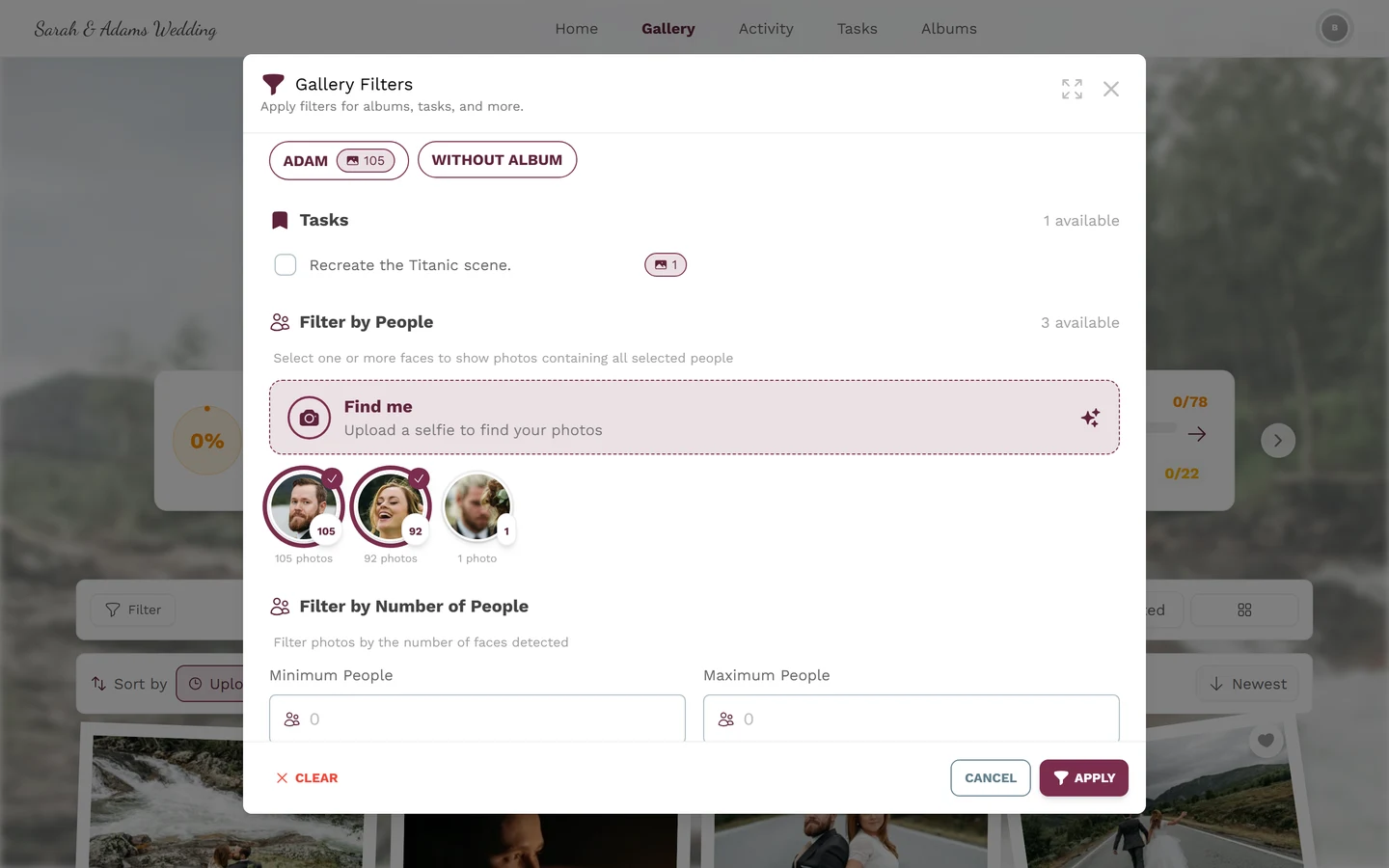 People tiles in the gallery filter, two of them selected with a ring and checkmark