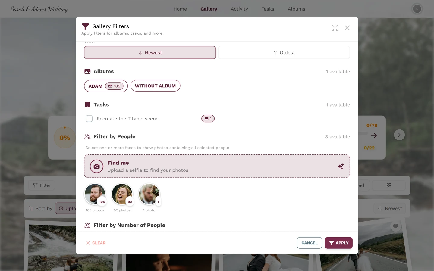 Face picker in the filter with people tiles and the Find me selfie search