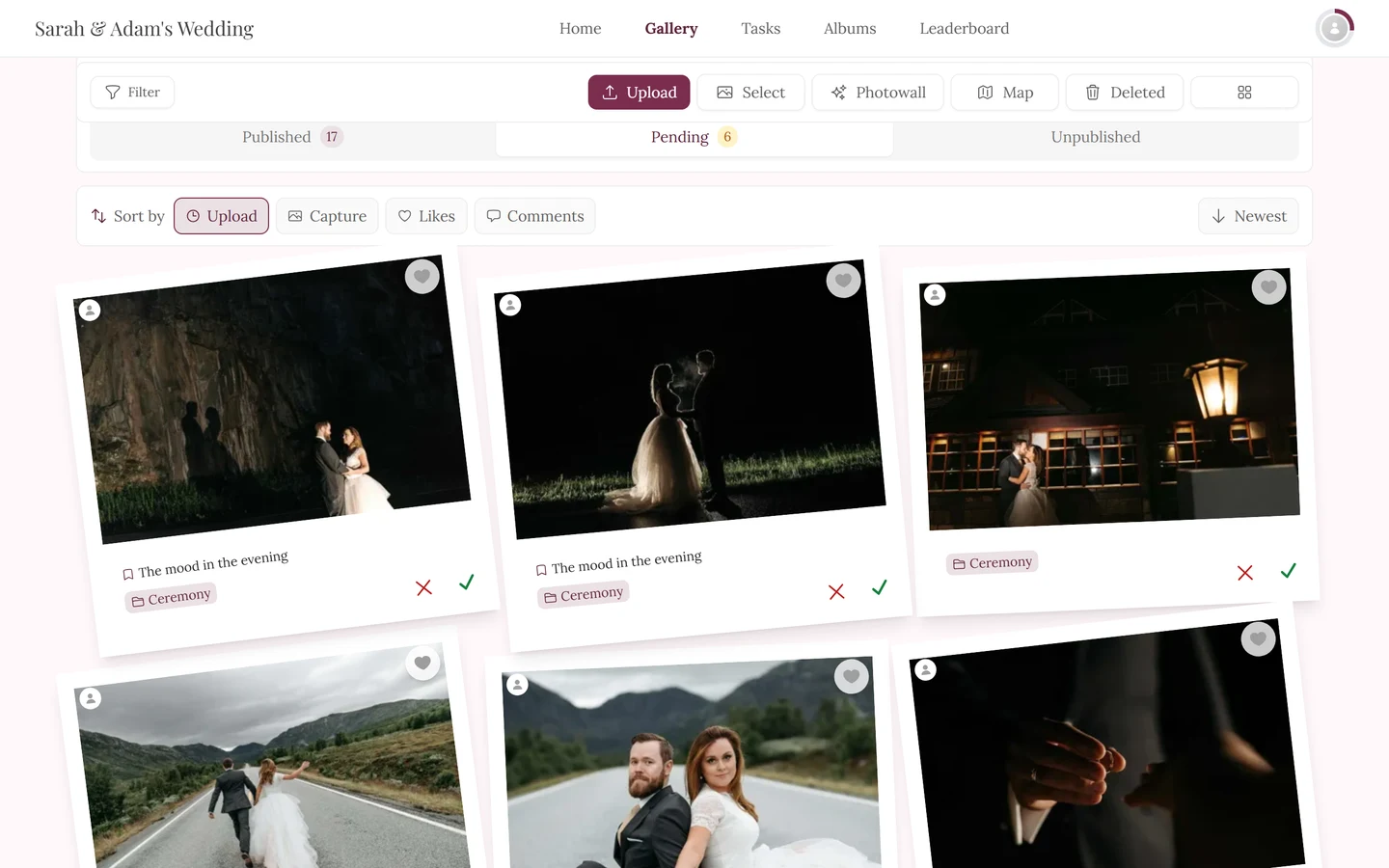 Gallery in the polaroid layout with the Published, Pending and Unpublished tab bar and a red X and green checkmark on the tiles