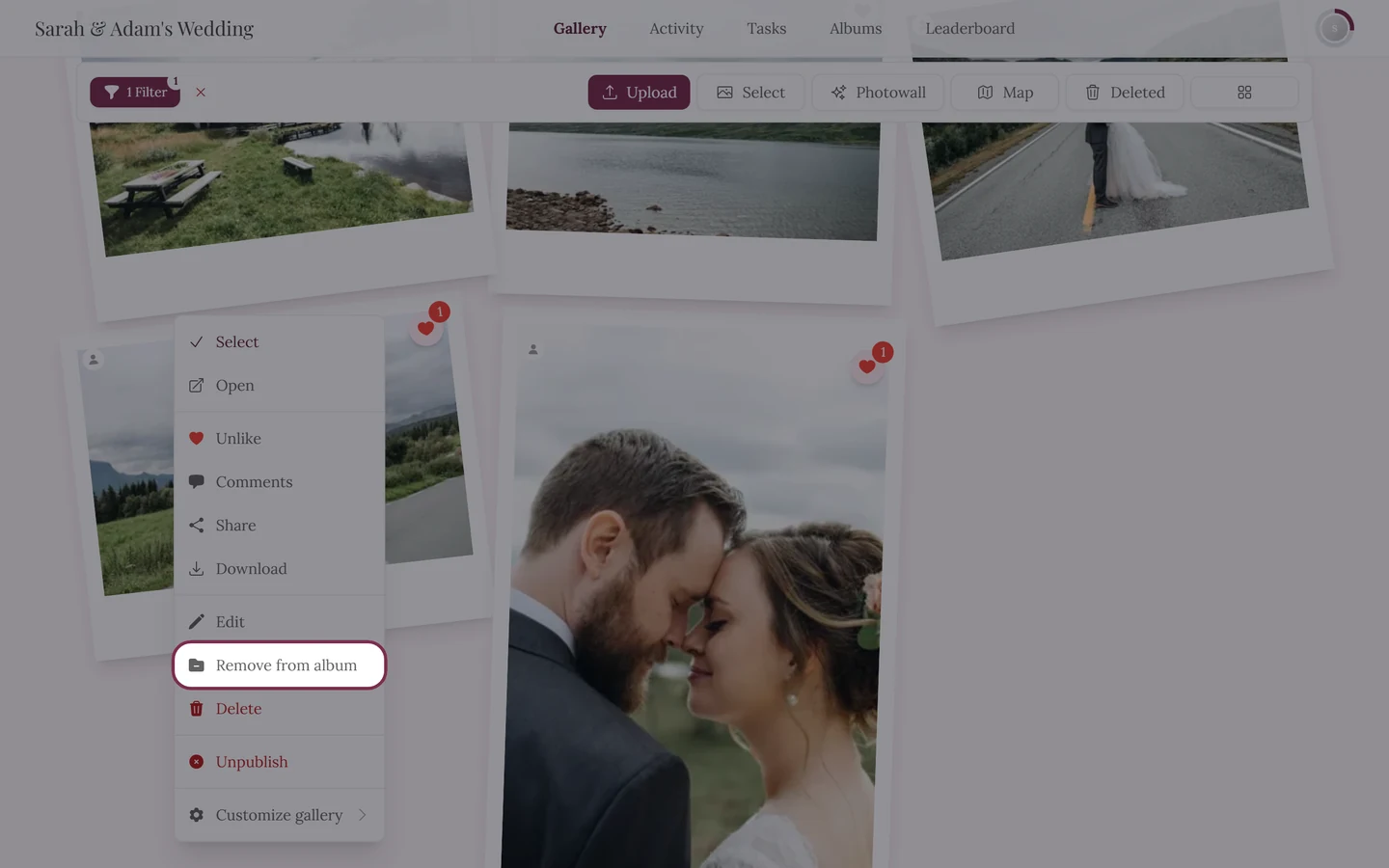 Context menu on a photo tile in a gallery filtered to one album, showing the Remove from album entry