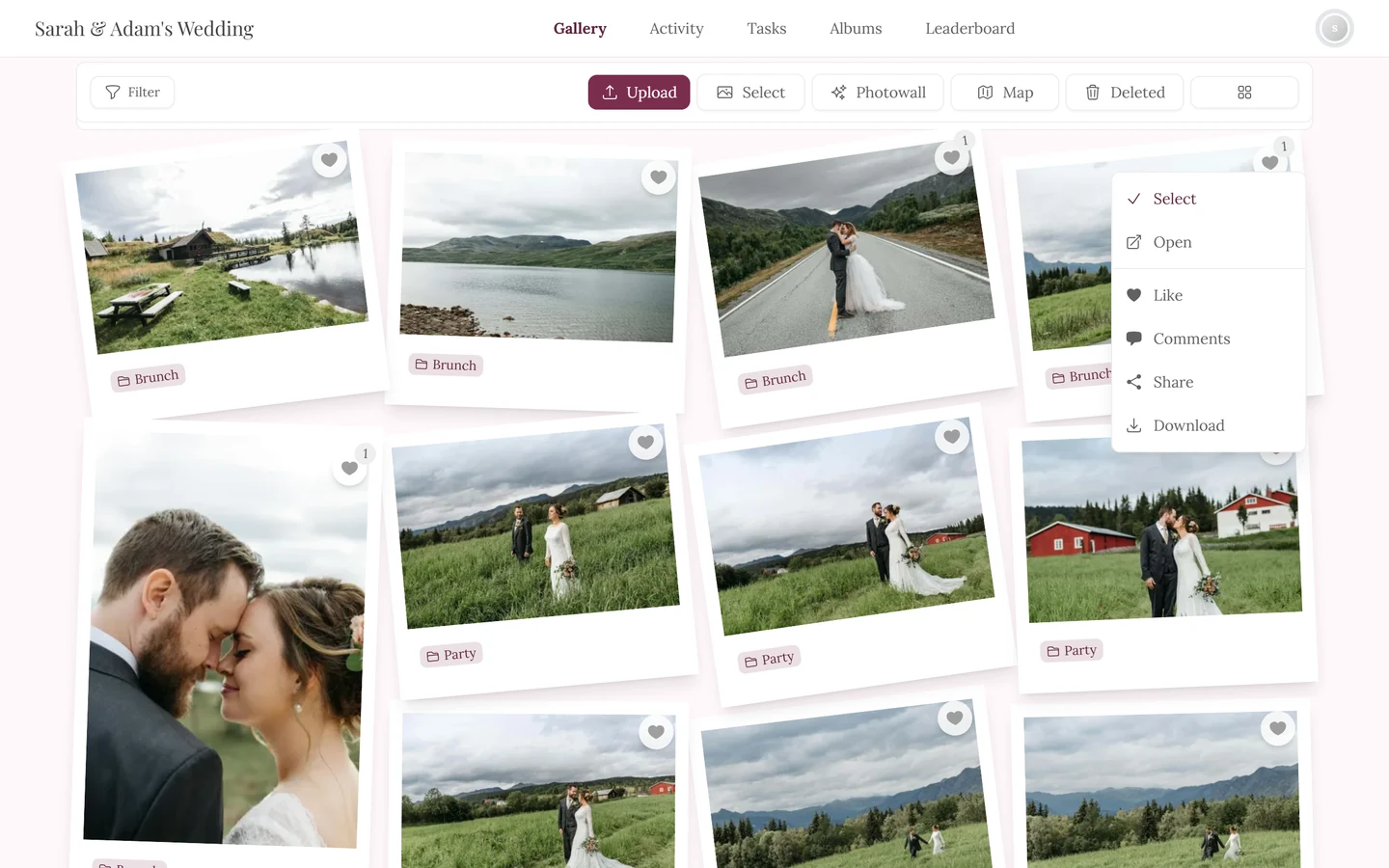 Context menu on a photo tile in the guest view, the list ends at Download