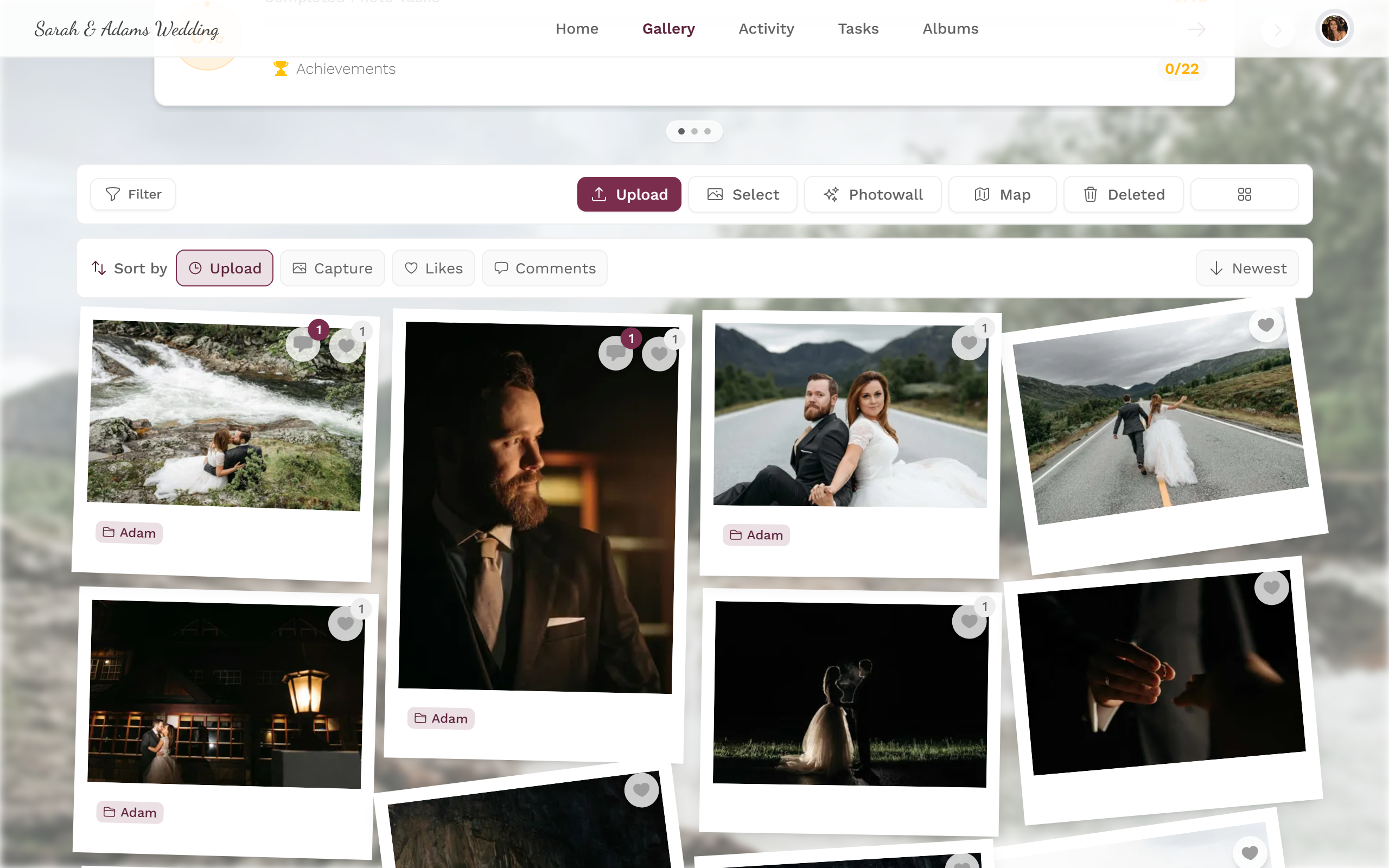 Right-click context menu on a tile with Open, Select, Like, Comments, Download and Report