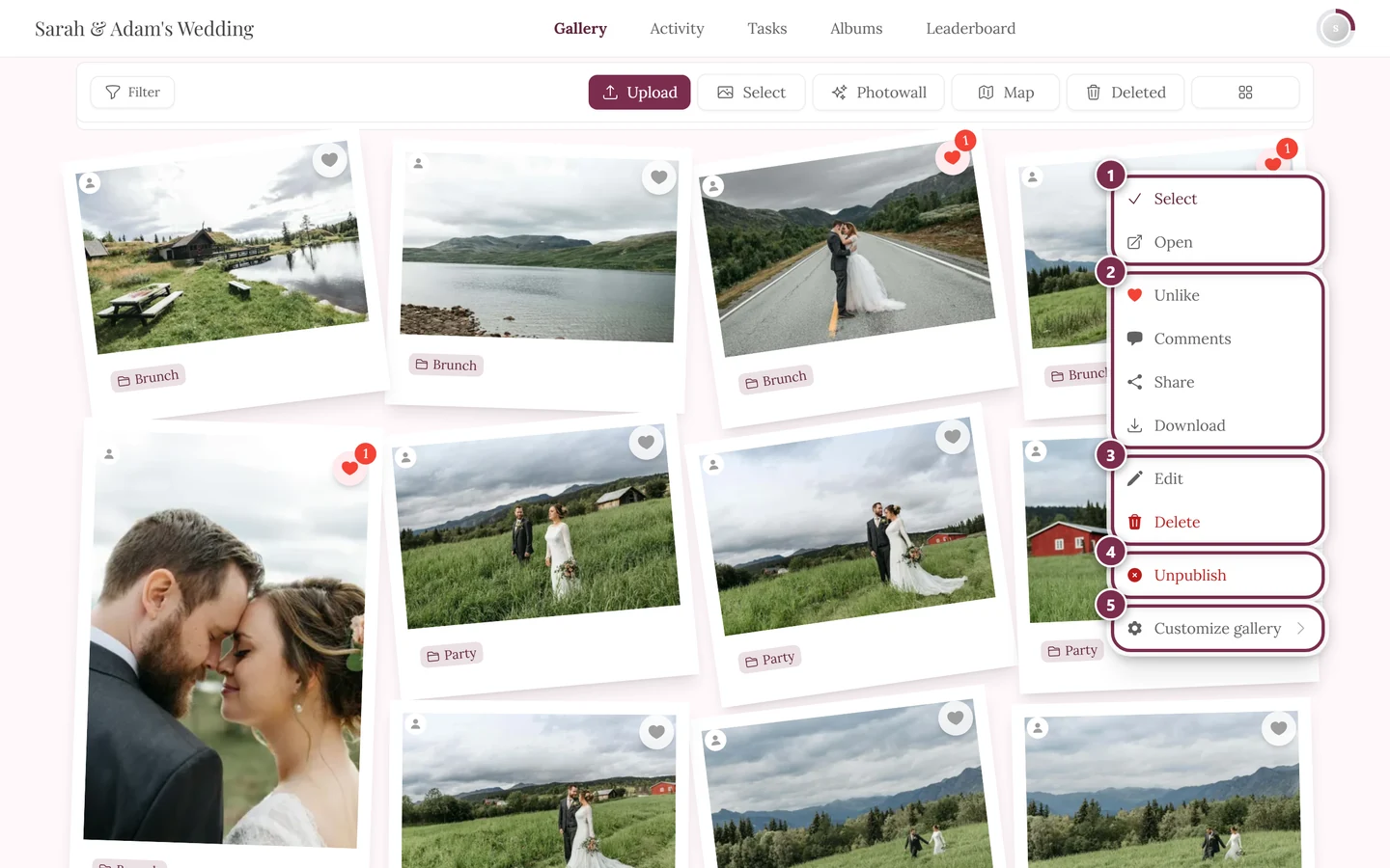 Context menu on a photo tile with the red Delete entry