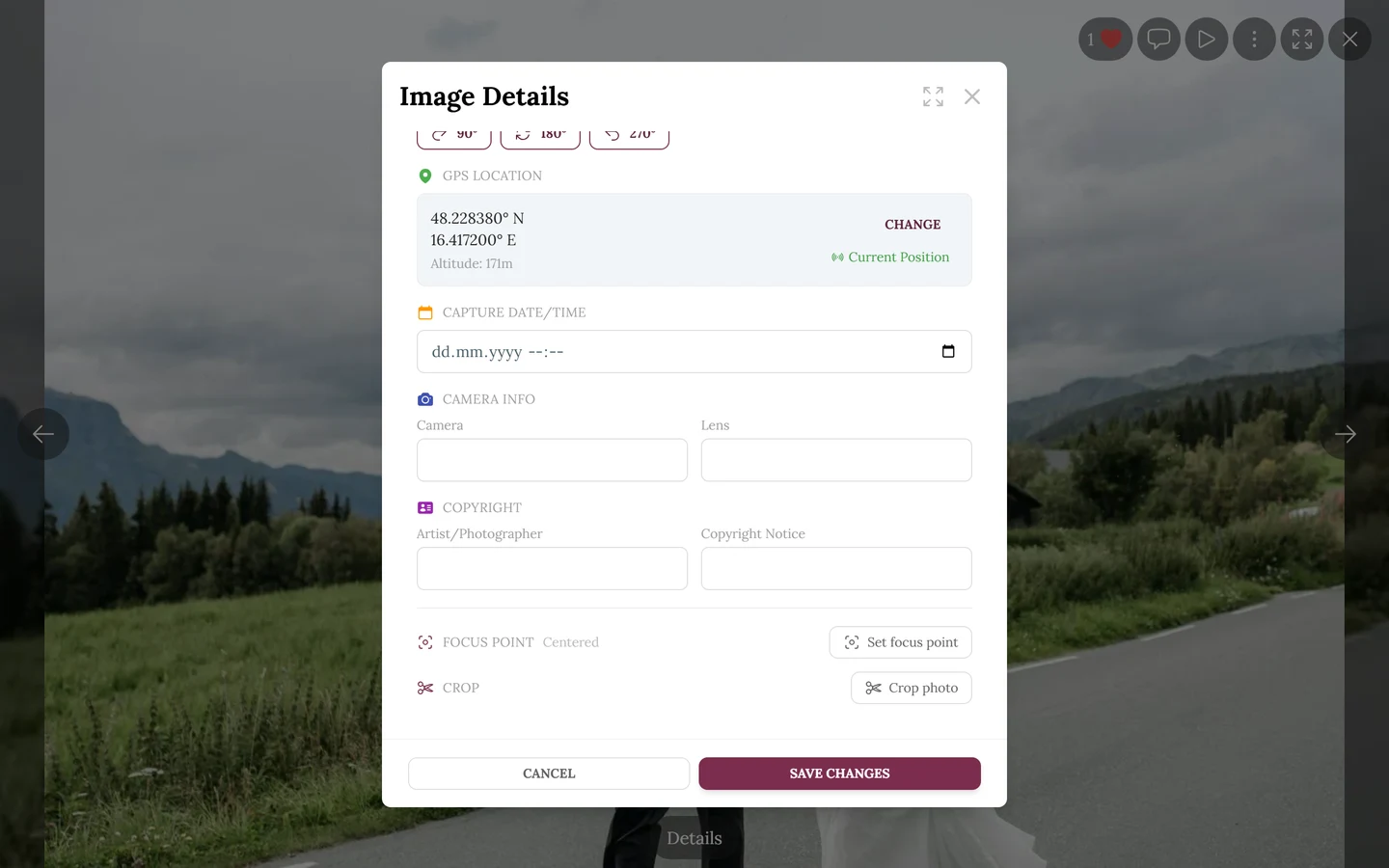 Image details in edit mode with GPS location, capture date, camera info, copyright and the rows Focus point and Crop