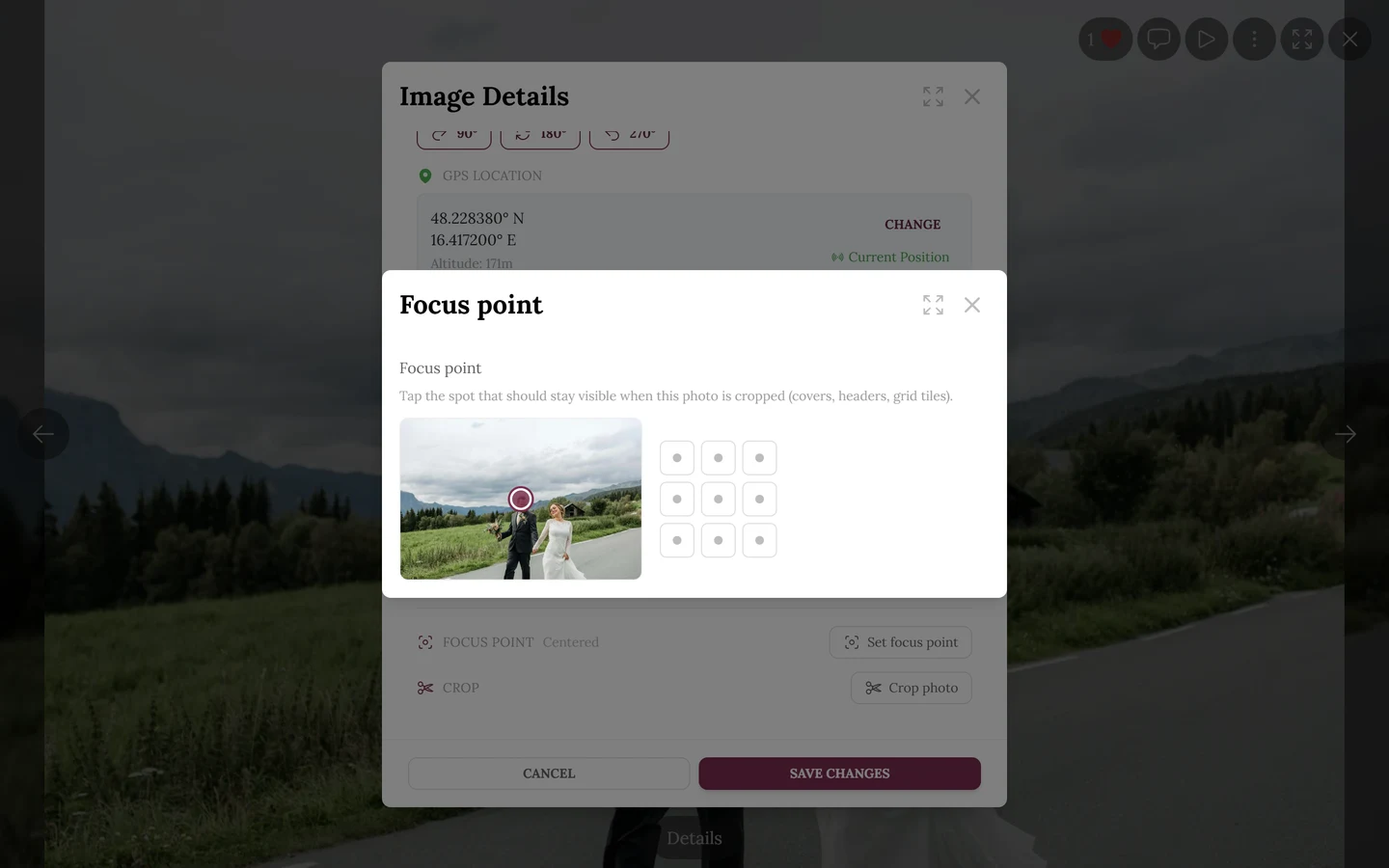 Focus point popup with a preview image, the marker and the grid of nine presets