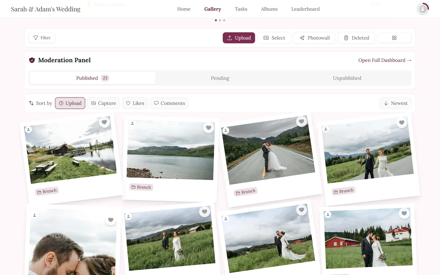 Gallery with the Moderation Panel card between the filter bar and the photo grid, showing the Published, Pending and Unpublished tabs