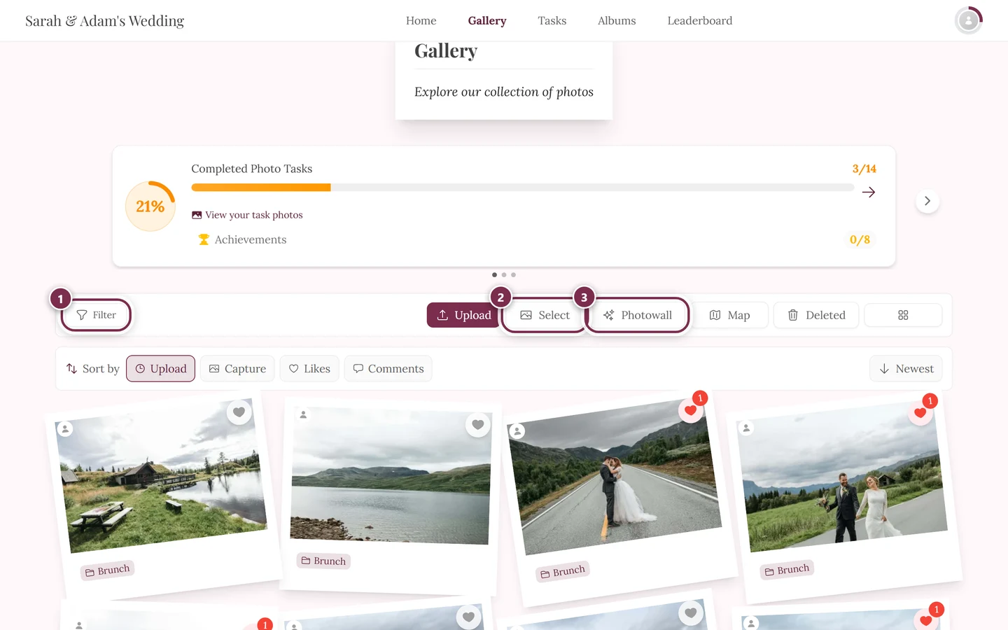 Gallery toolbar with three highlighted buttons: Filter, Select and Photo wall