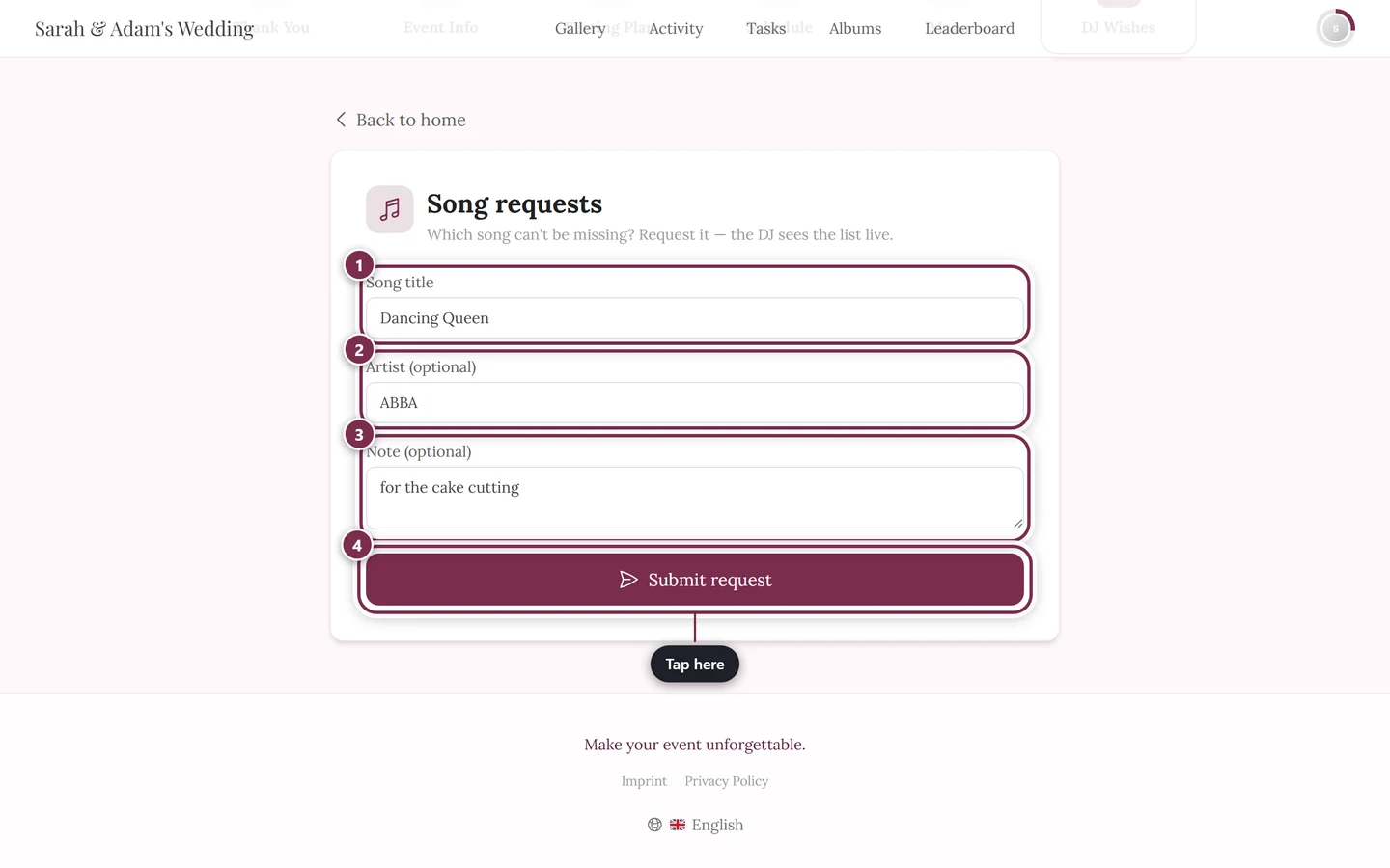 Filled-in form with Dancing Queen, ABBA and a note, with the Submit request button below