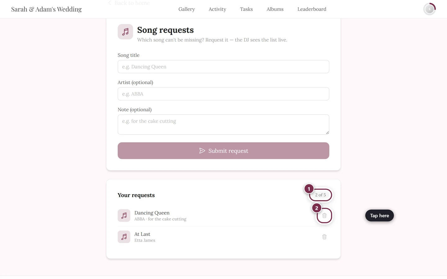 Your requests section with two entries, the counter 2 of 5 and the bin icons