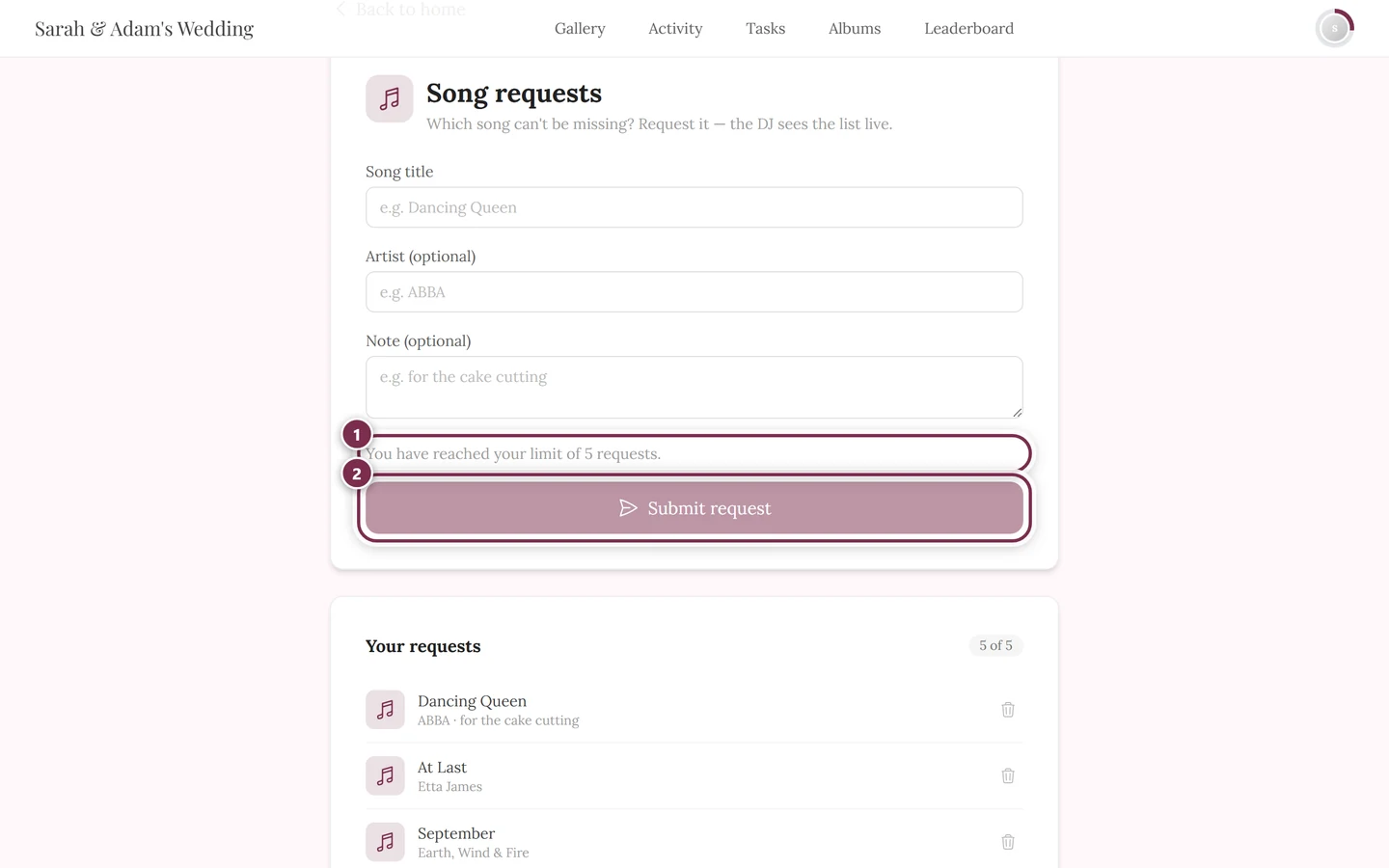 Form with a greyed-out button and the line You have reached your limit of 5 requests