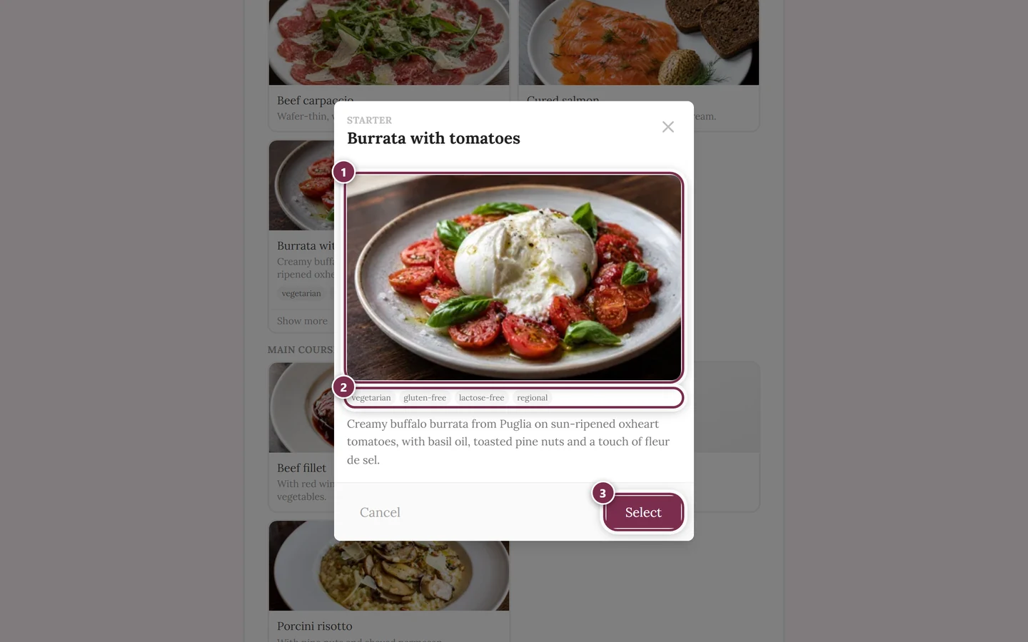 Large view of a dish with photo, all labels and the Select button
