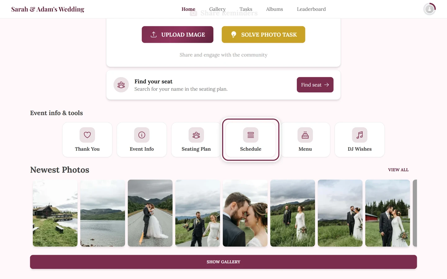 Event home page with the Schedule chip in the tool rail highlighted