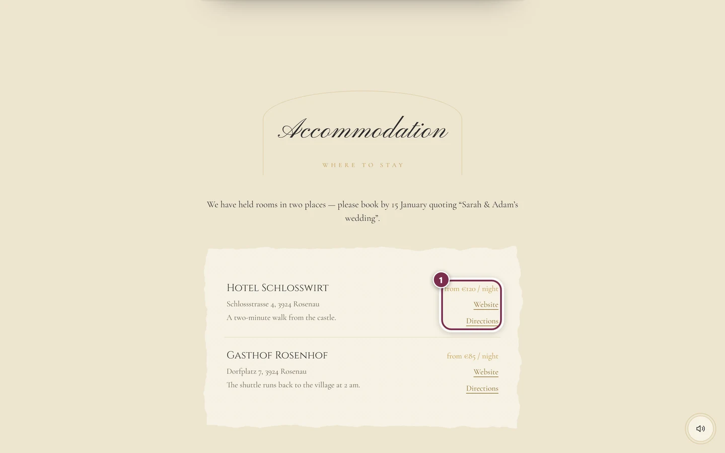 Accommodation section with two places and a ring around price, Website and Directions on the first one