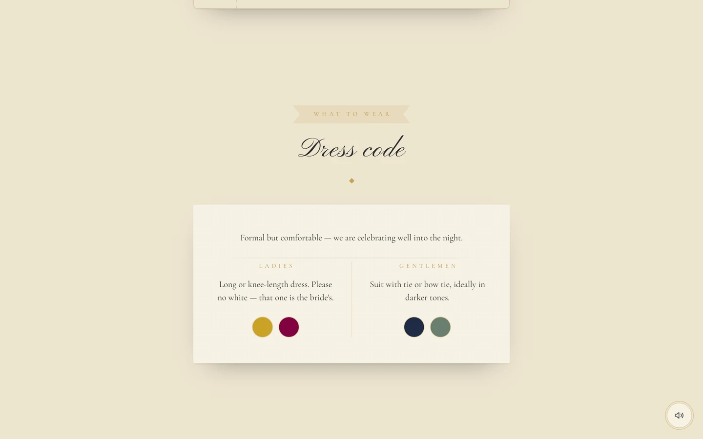 Dress code section with the groups Ladies and Gentlemen and two colour dots each