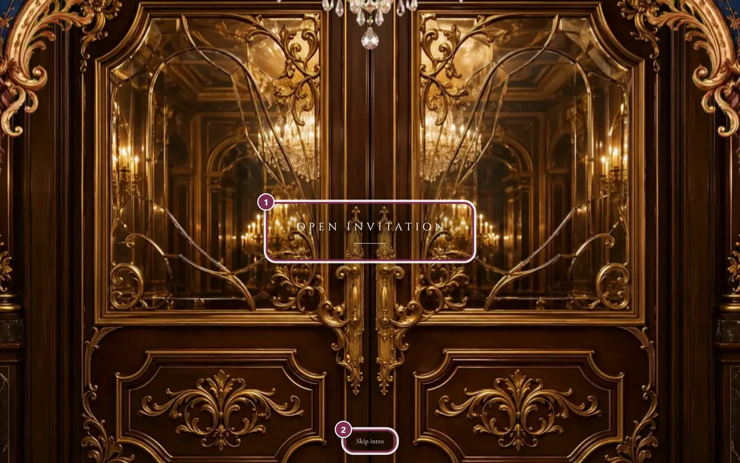 Closed gate of the digital invitation with numbered rings around Open invitation and Skip intro