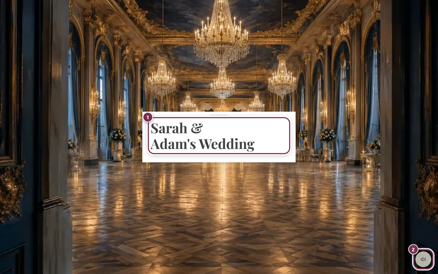 Opened invitation with numbered rings around the name panel and the music button