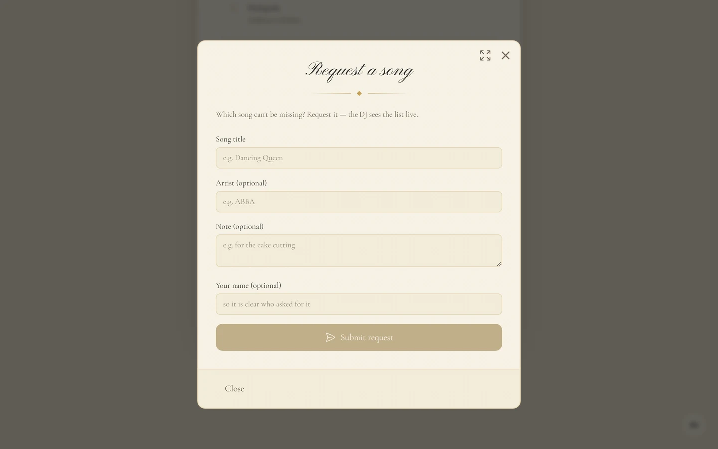 Request a song window inside the invitation with the fields song title, artist, note and your name