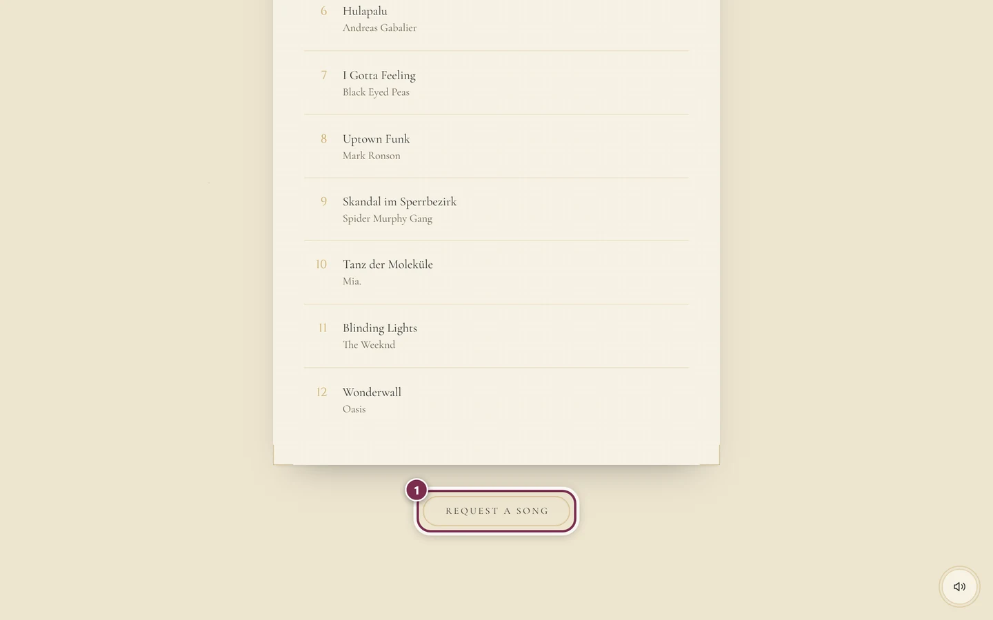 Our Playlist section in the invitation with a numbered song list and the Request a song button