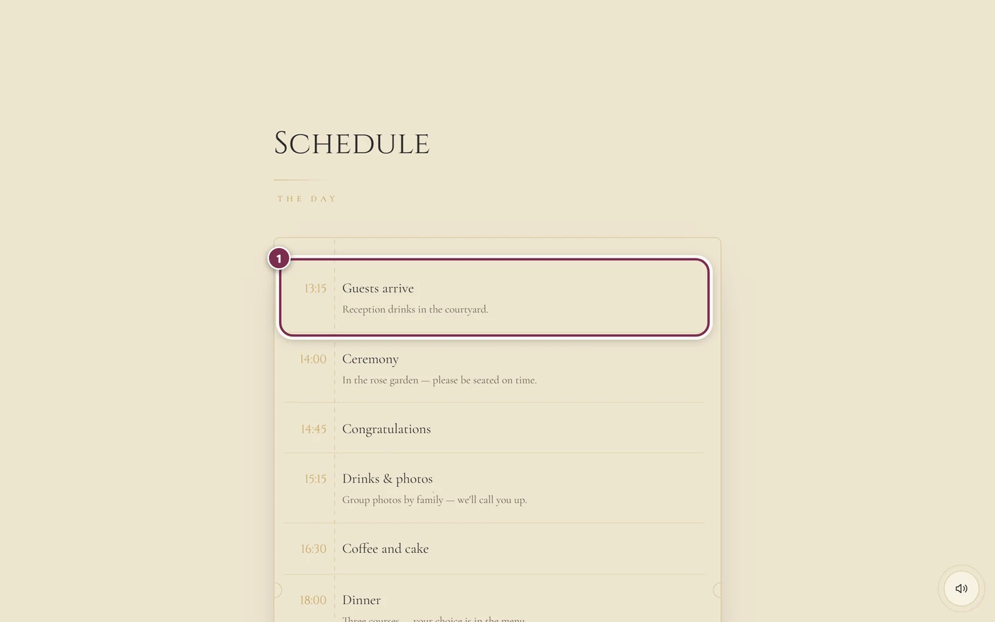 Schedule section with a timeline and a ring around the first item