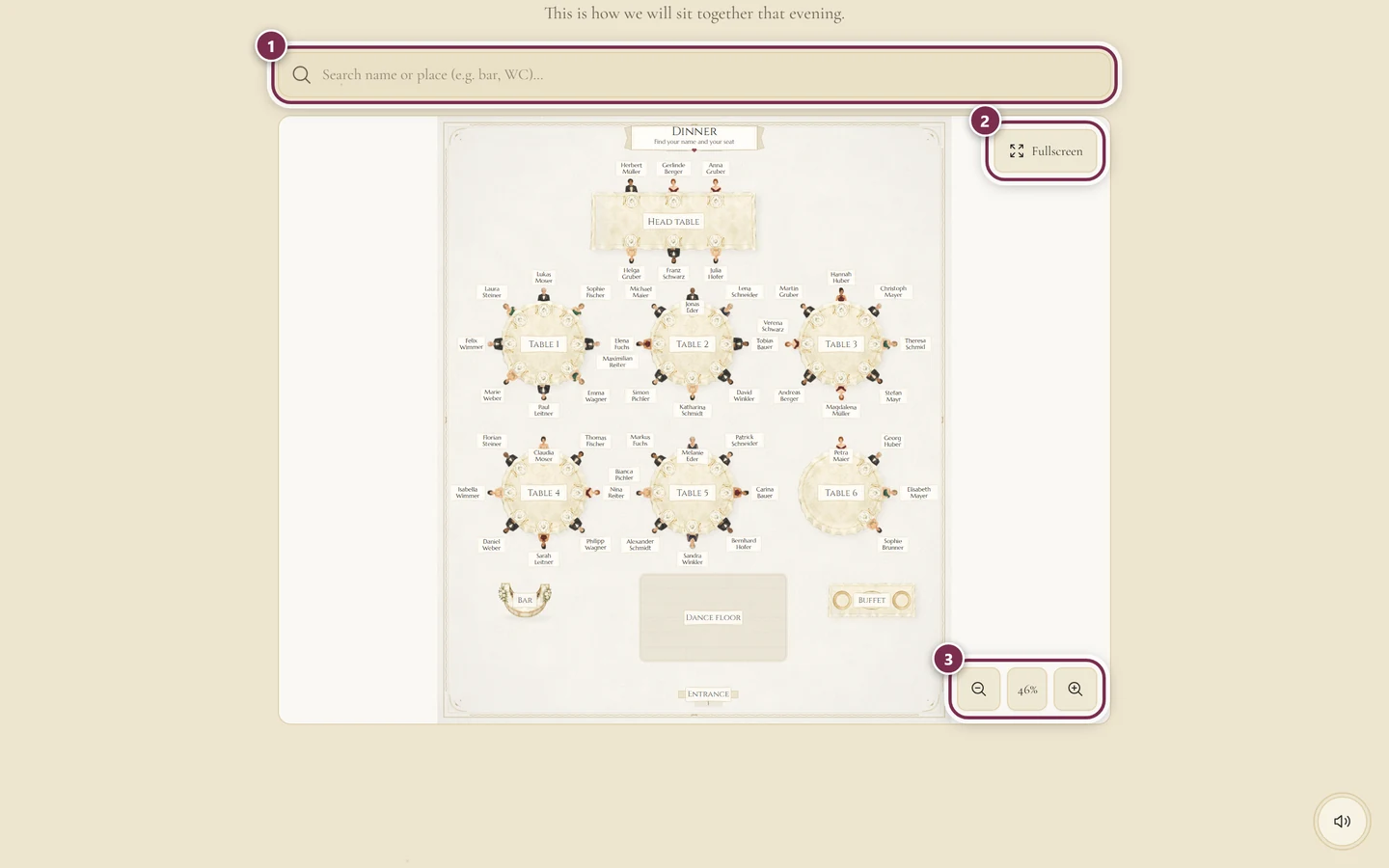 Embedded seating plan in the invitation with rings around the search field, Fullscreen and the zoom buttons
