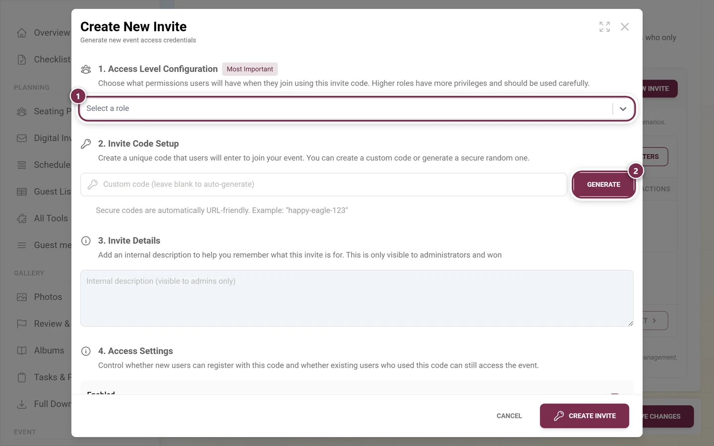 Create dialog with the role dropdown and the Generate button