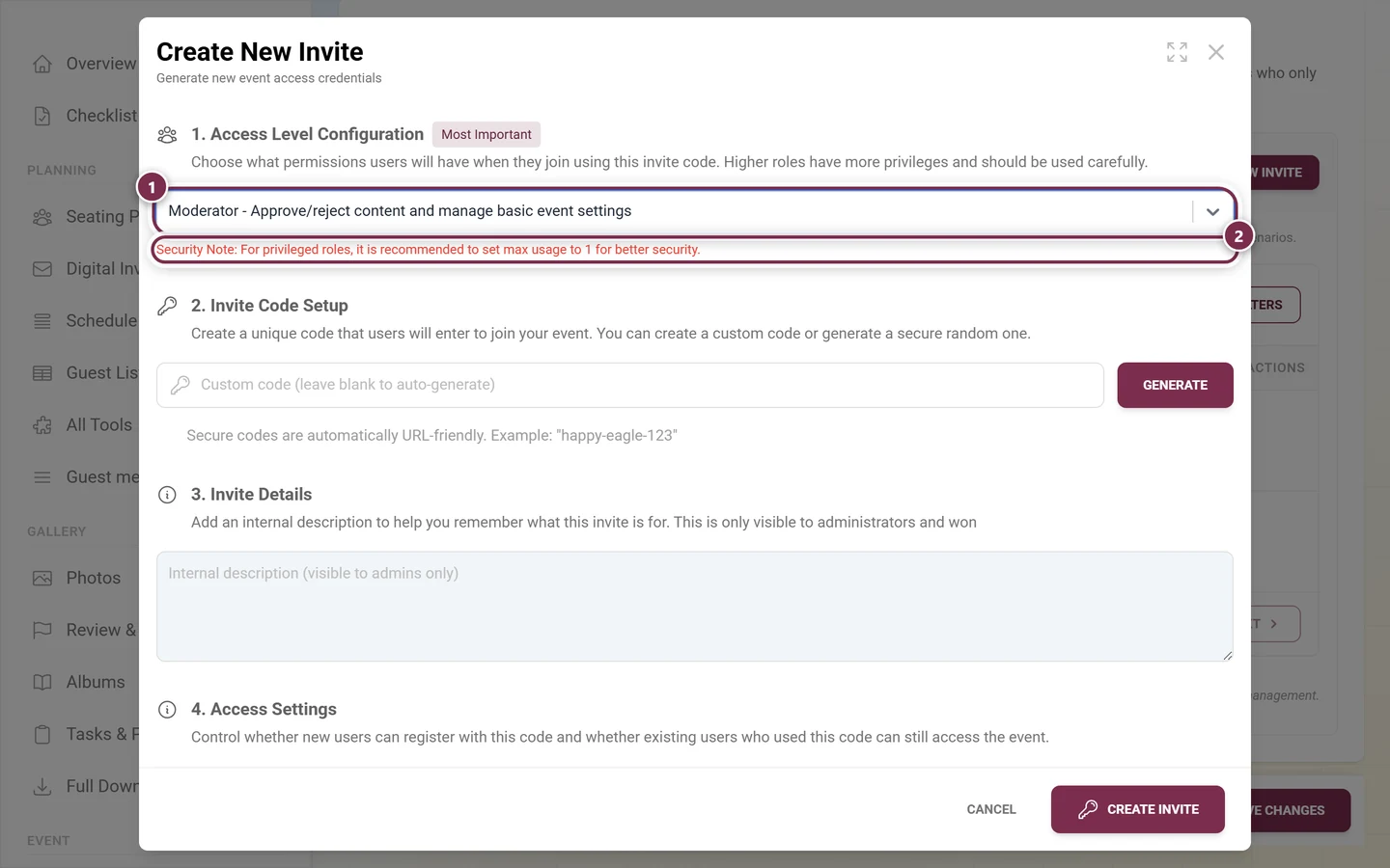 Create dialog with the Moderator role selected and the red security note below it