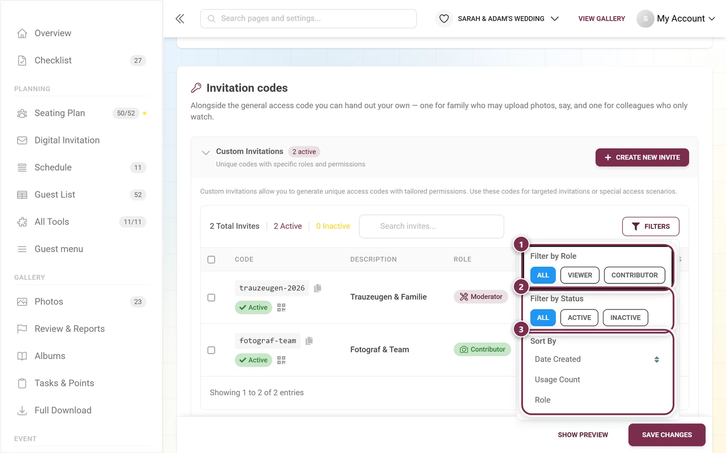 Open filter menu with the Filter by Role, Filter by Status and Sort By blocks