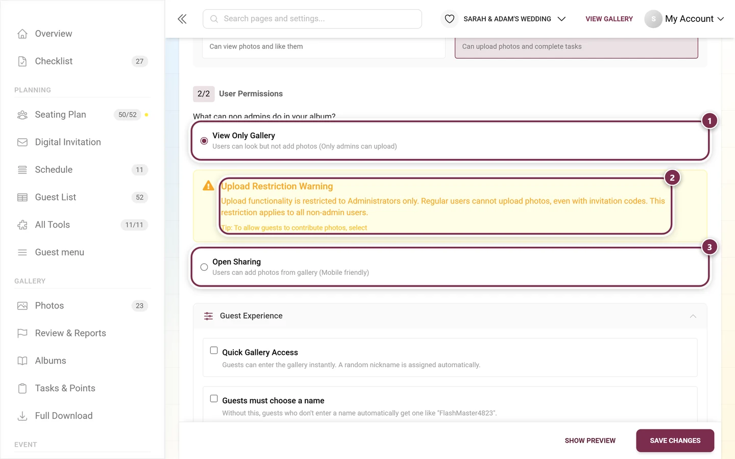 User Permissions section with View Only Gallery selected and the yellow Upload Restriction Warning