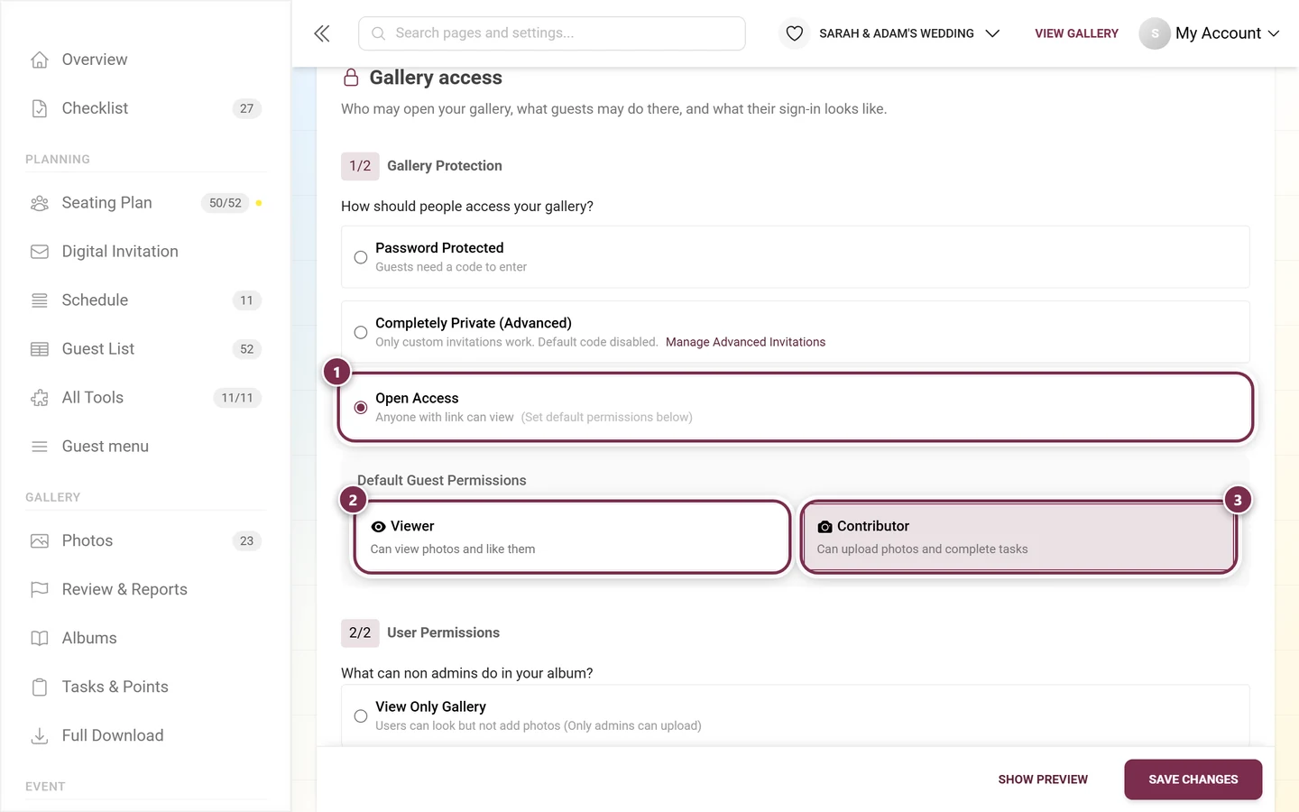 Gallery protection with Open Access selected and the Viewer and Contributor tiles