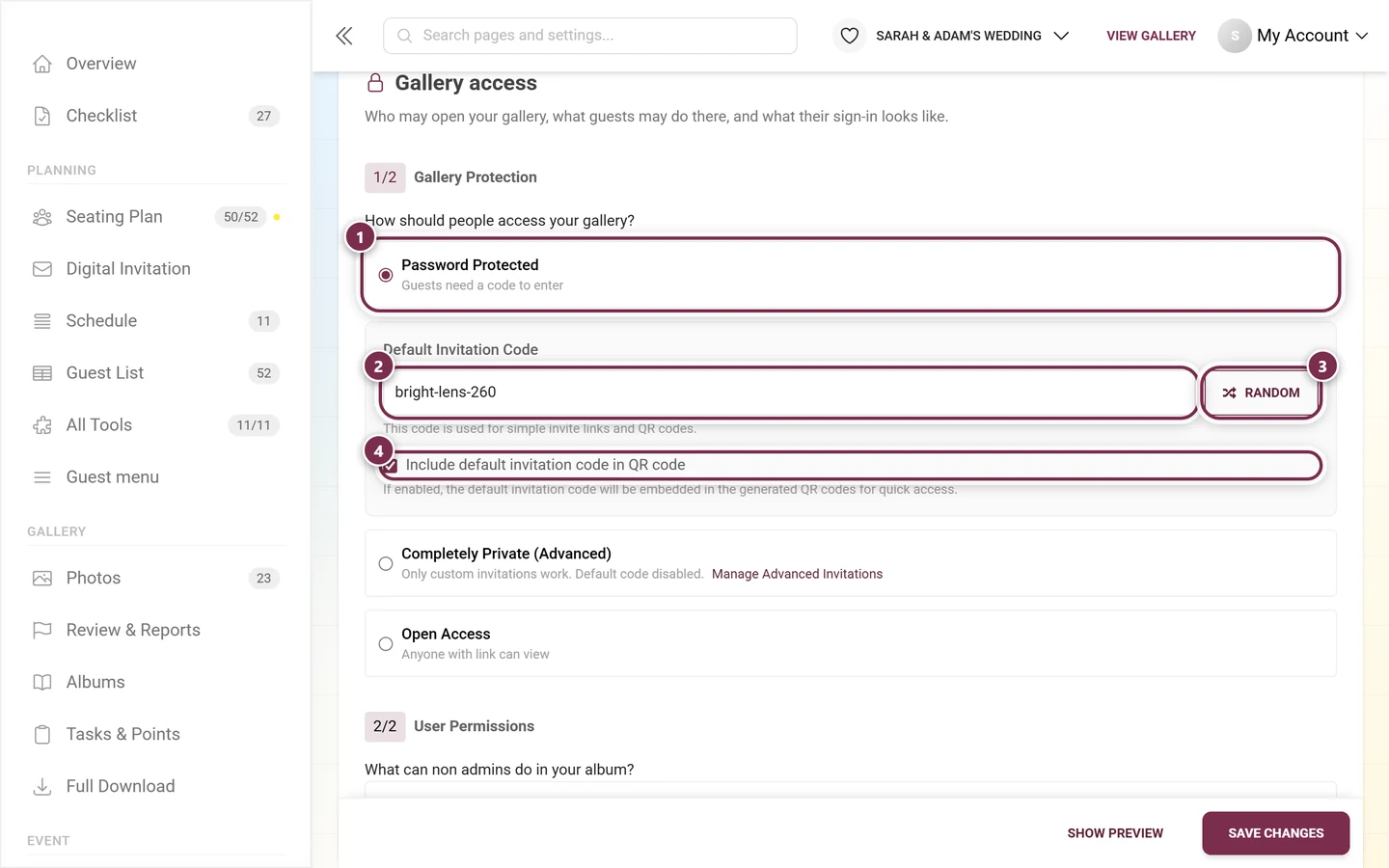 Gallery protection with Password Protected selected, the Default Invitation Code field, the Random button and the QR code checkbox
