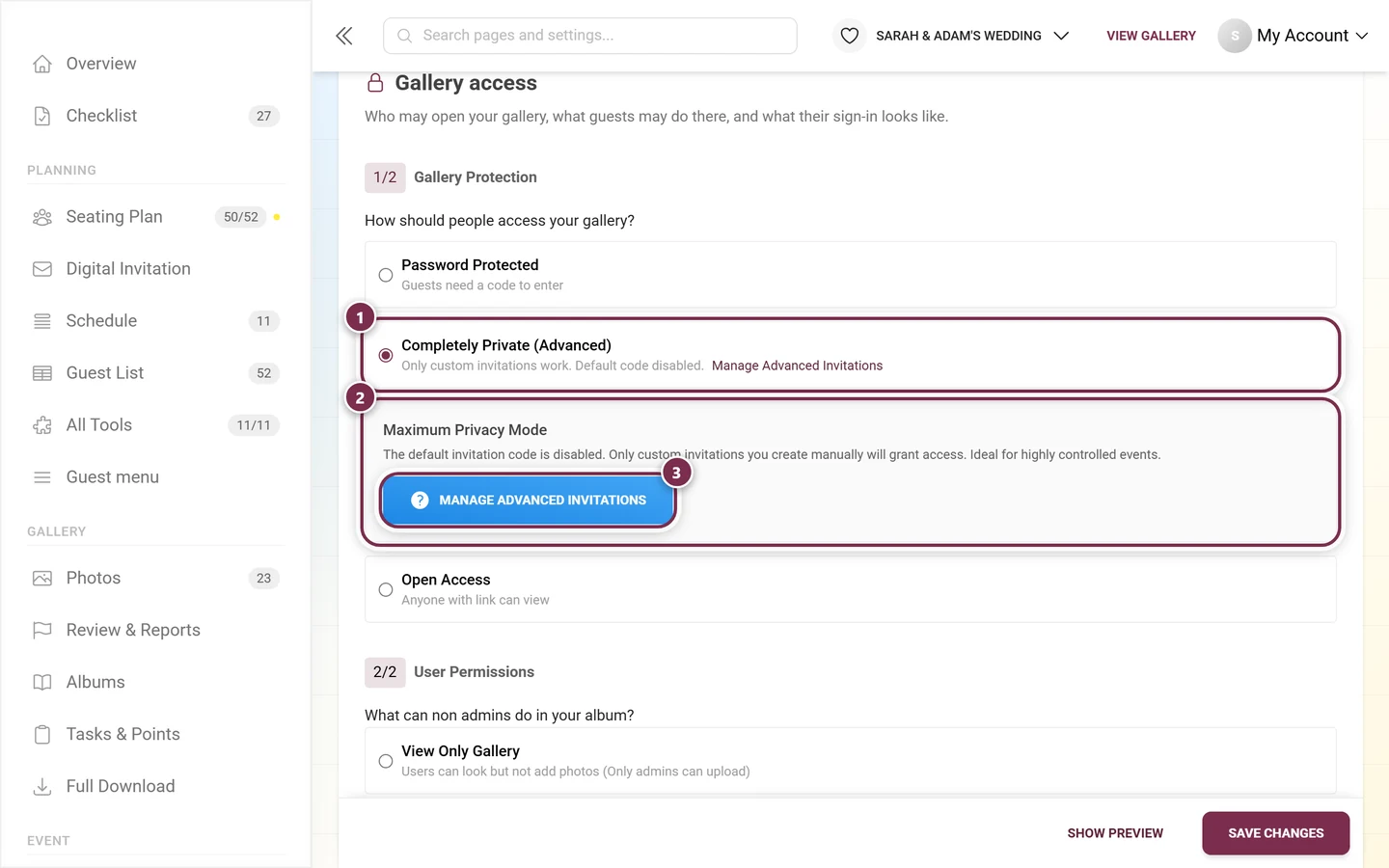 Gallery protection with Completely Private selected and the Maximum Privacy Mode info box