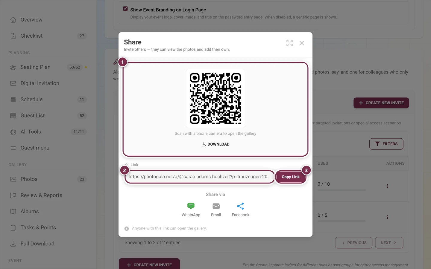 Share dialog with QR code, Download button, link field and Copy Link