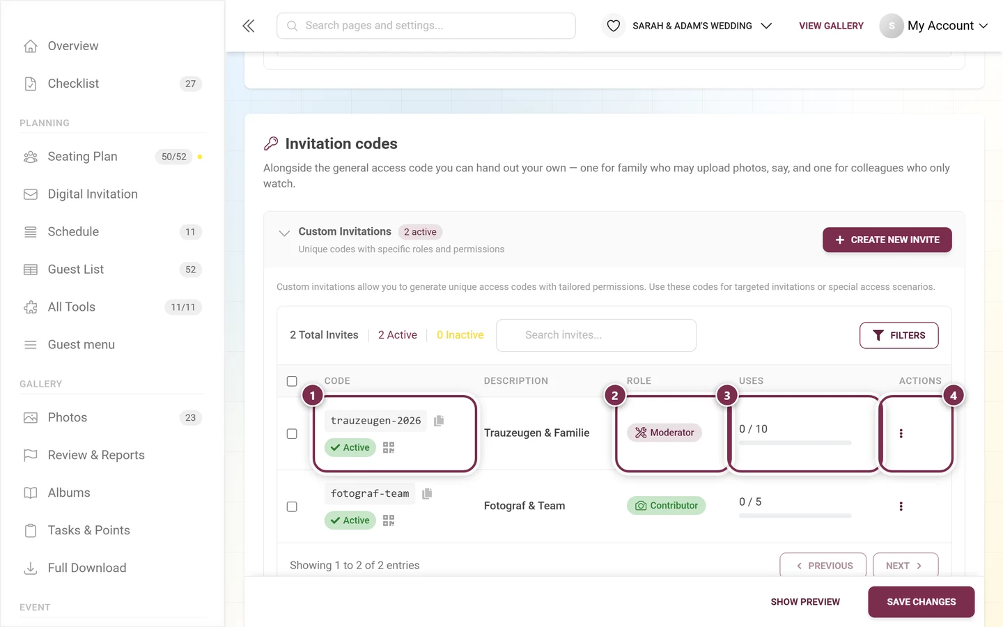 Invitation codes table with the code, role, uses and actions columns highlighted