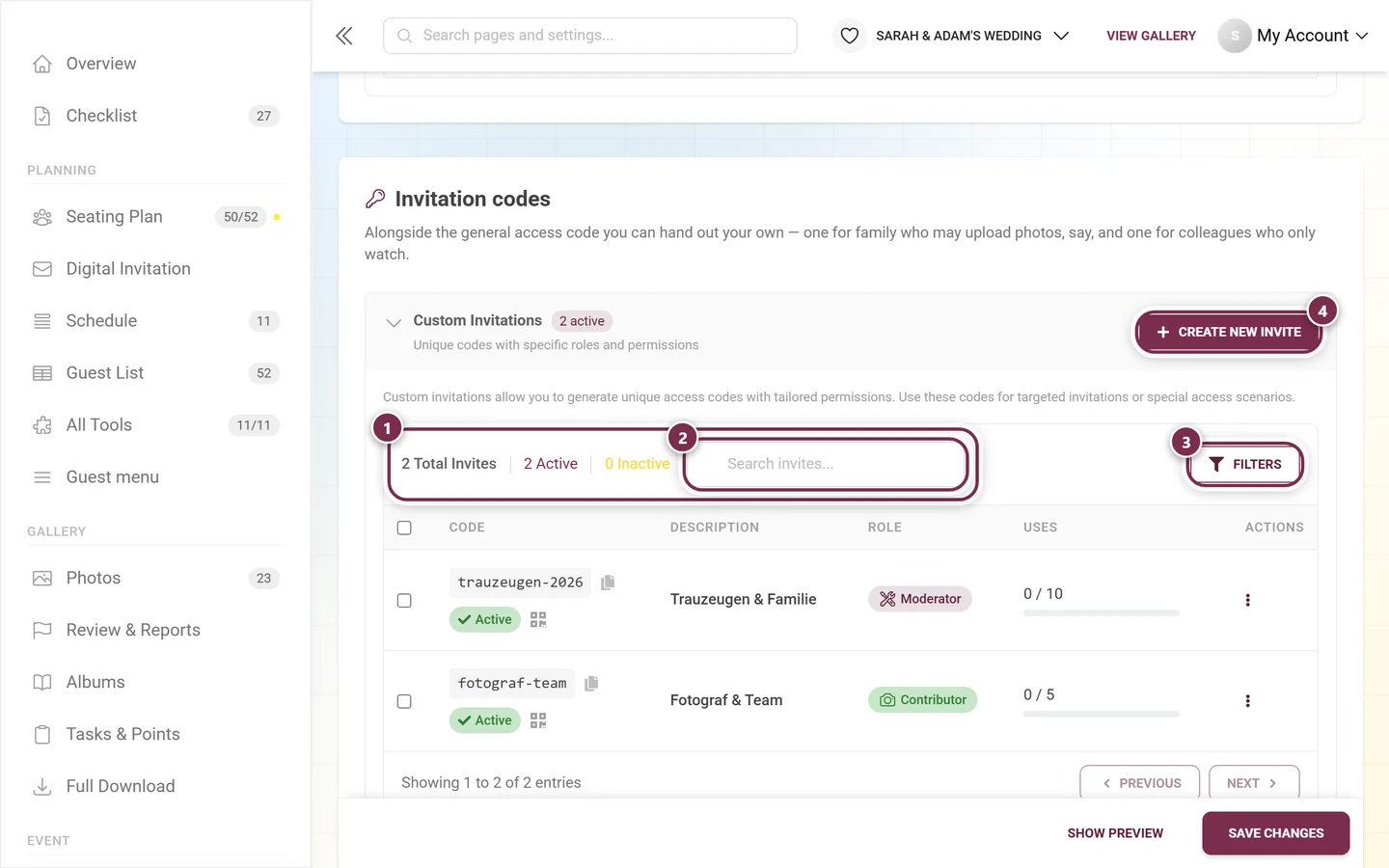 Invitation codes action bar with metrics, search field, Filters button and Create New Invite